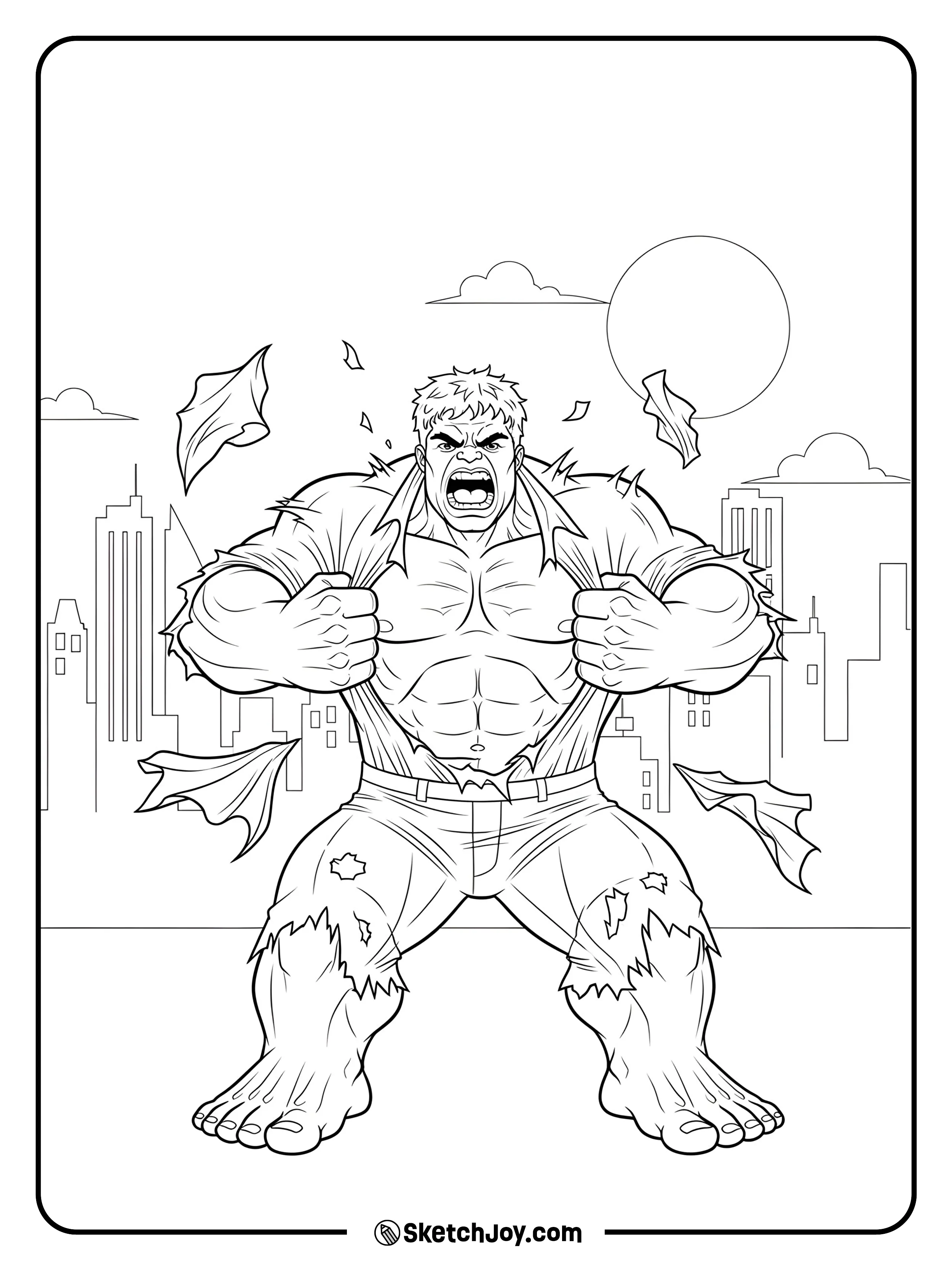Hulk tears his shirt open in the city.