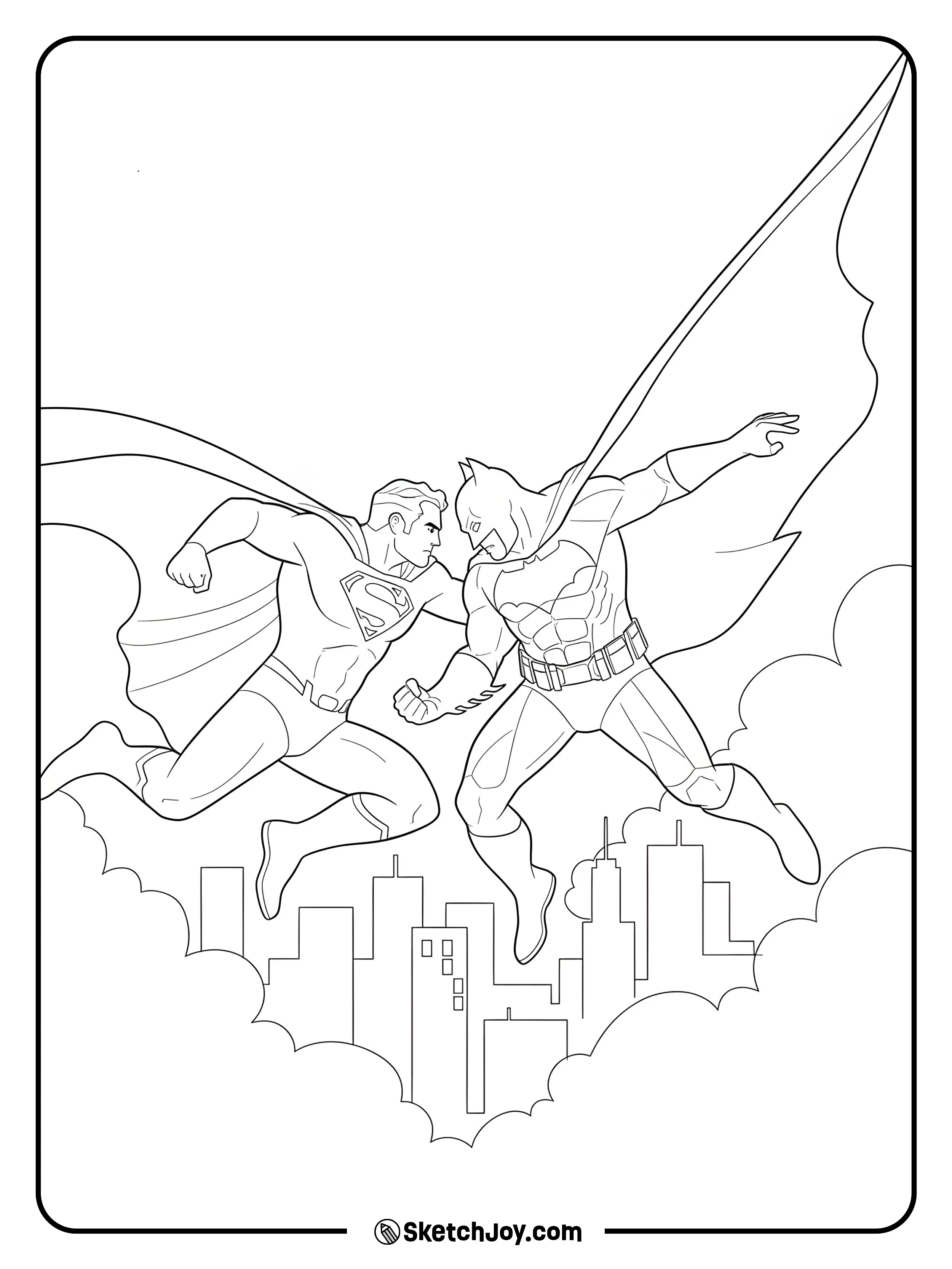 Batman and Superman rush at each other over the skyline.