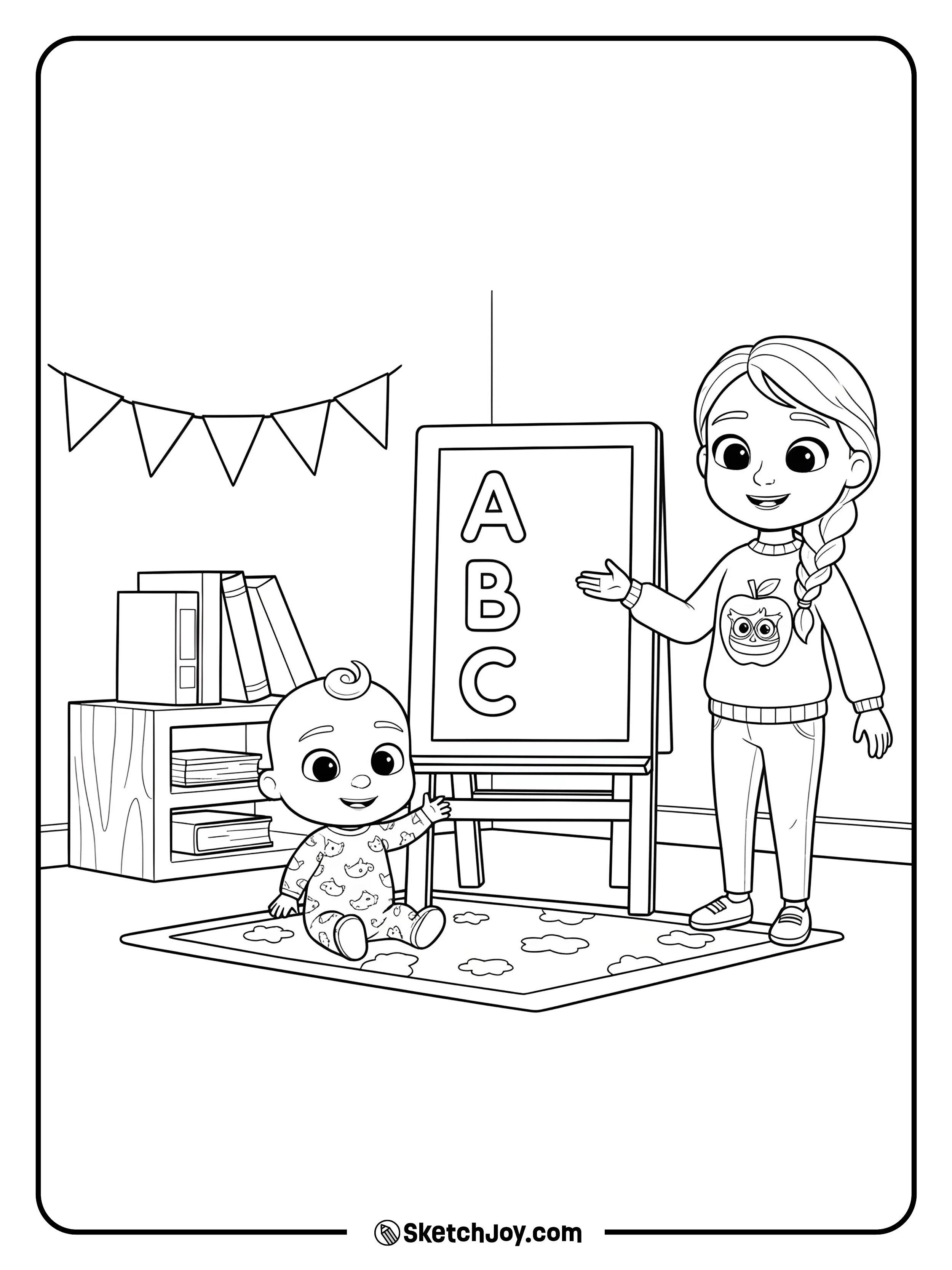 Ms. Appleberry points to big A, B, C letters while JJ raises his hand.
