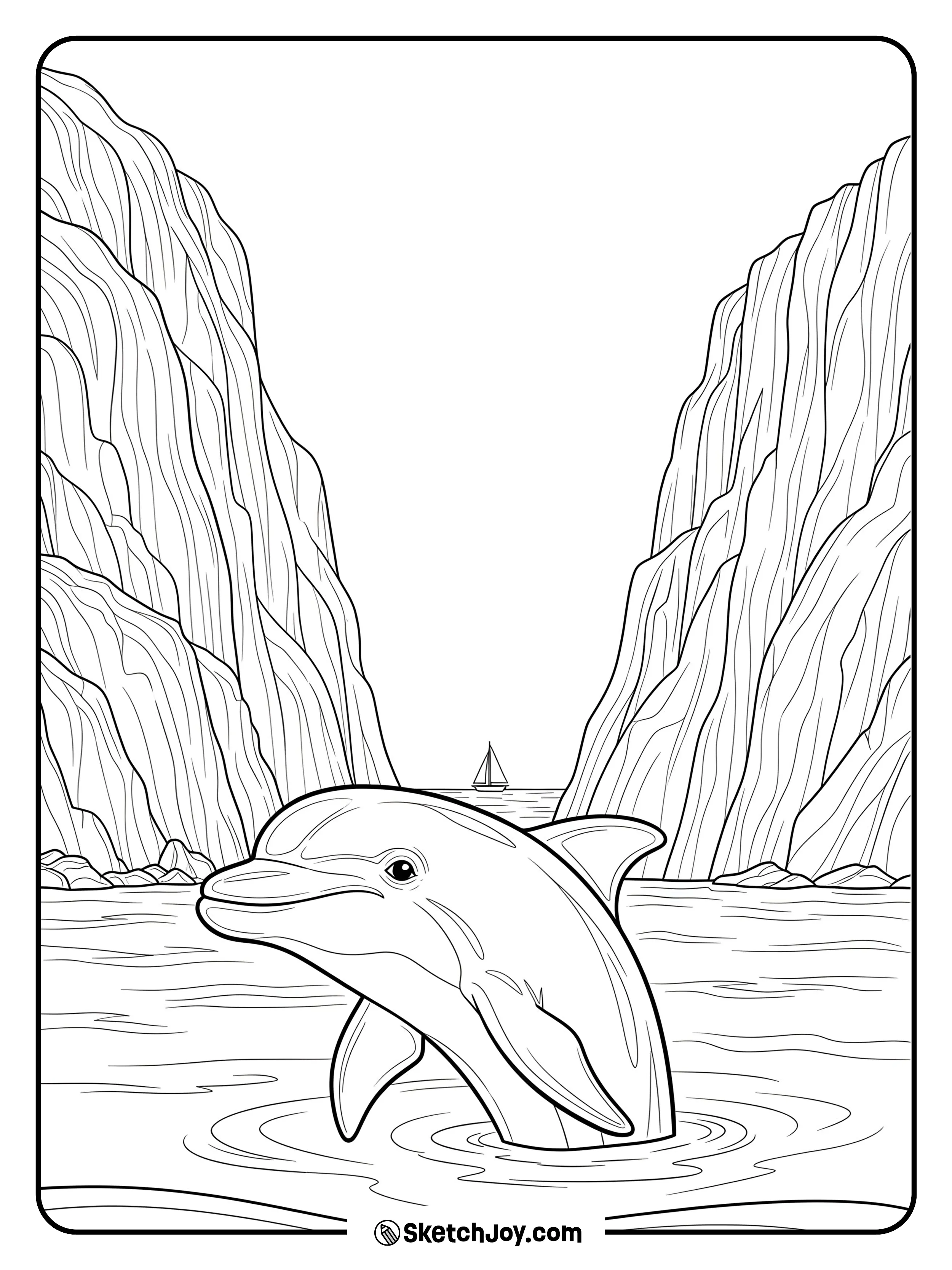 A dolphin heads across a bay with two cliffs and a tiny sail far away.
