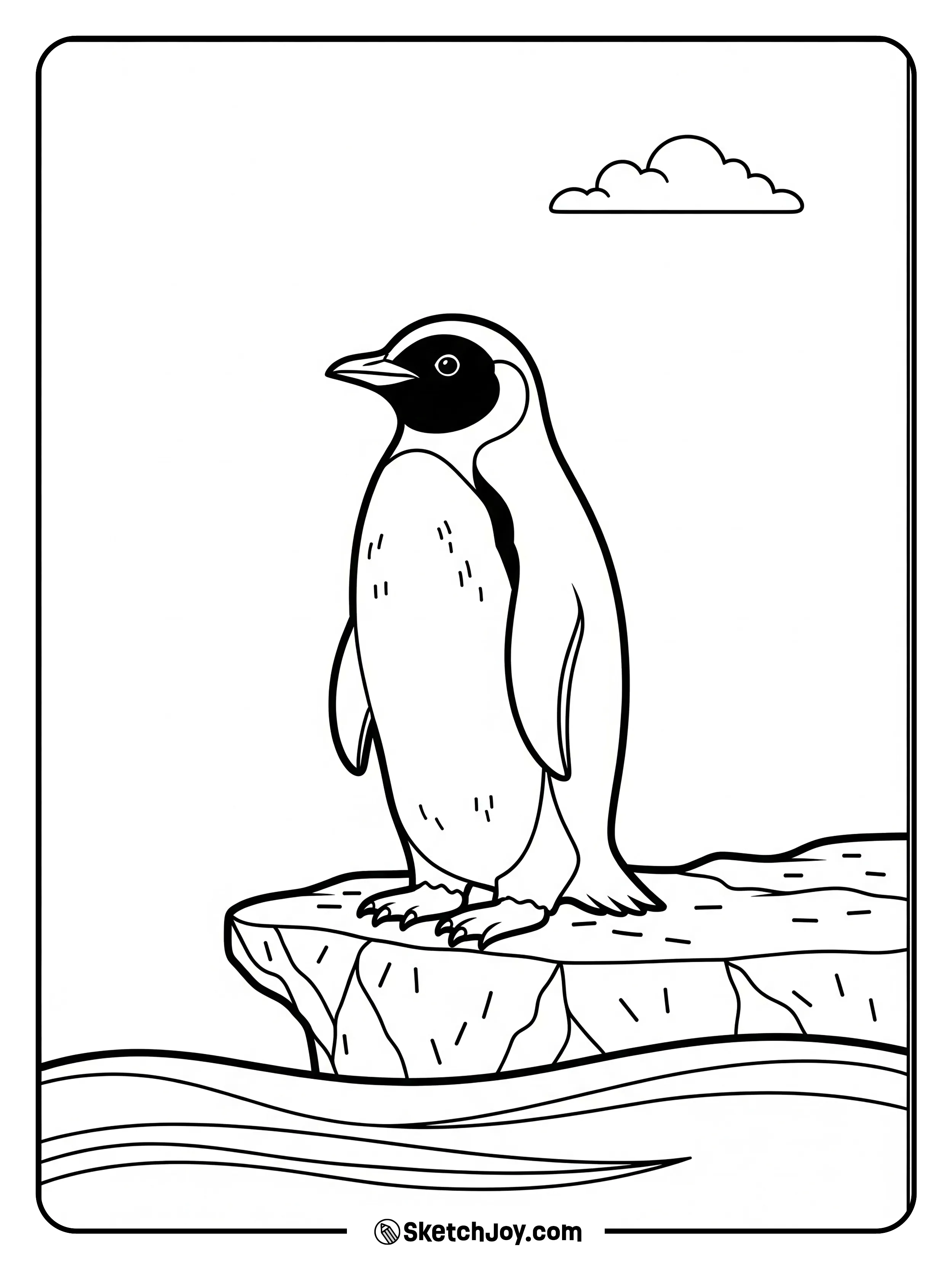 A penguin stands on a low cliff ledge and watches the waves.