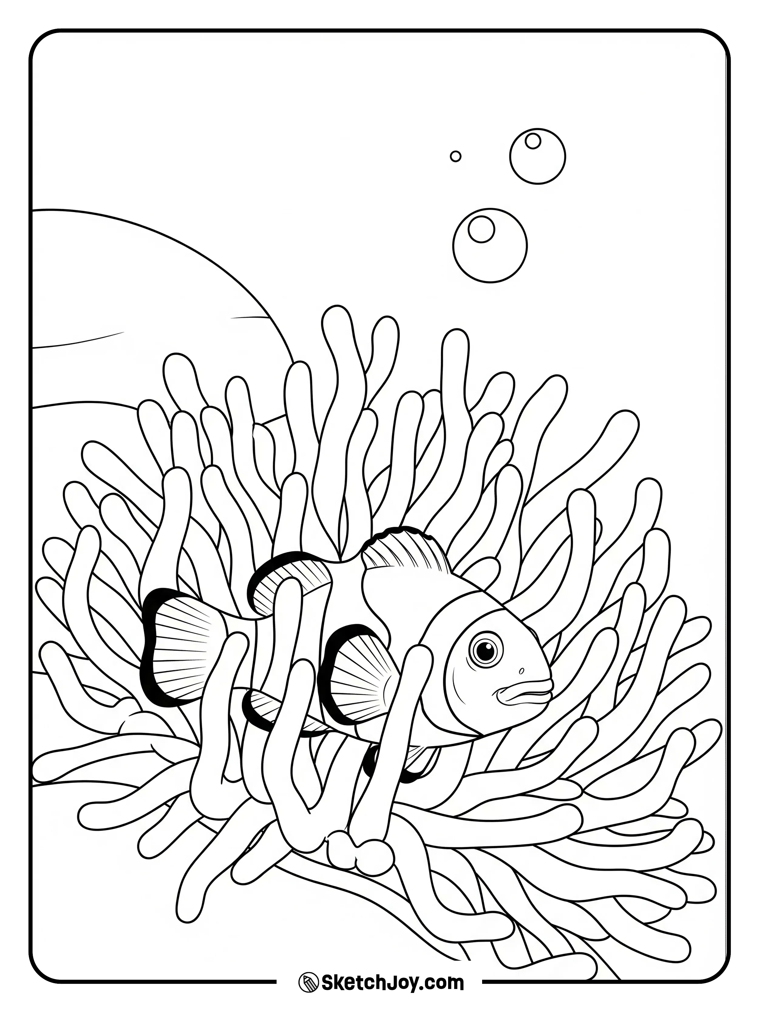 A clownfish peeks from soft anemone tentacles.