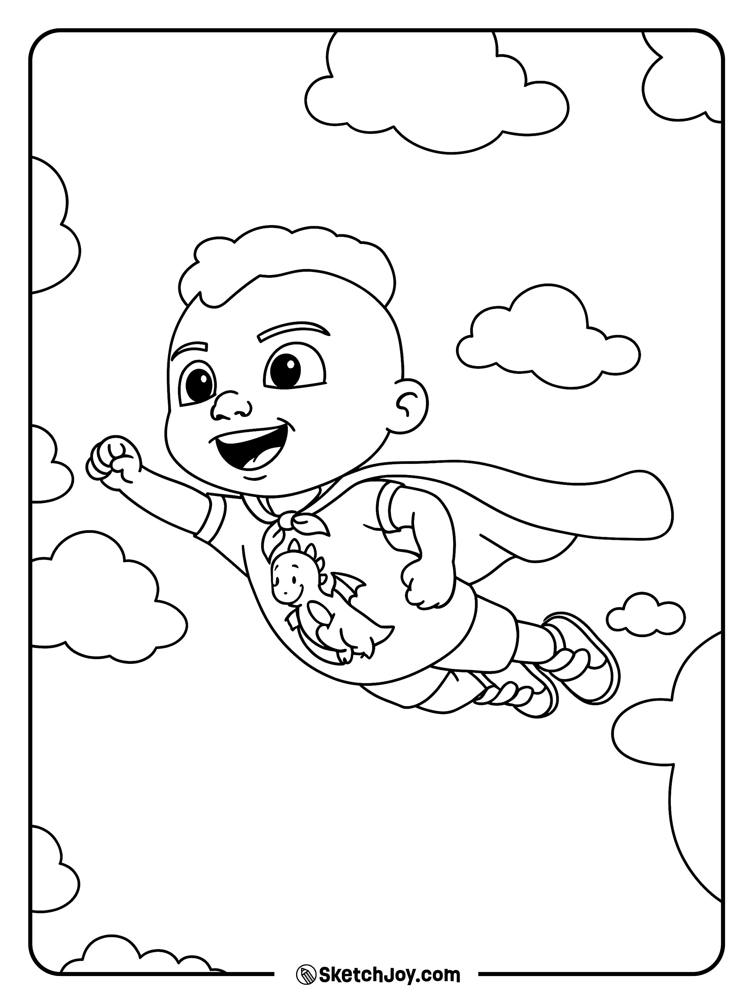 Cody soars through big fluffy clouds with a bright grin.