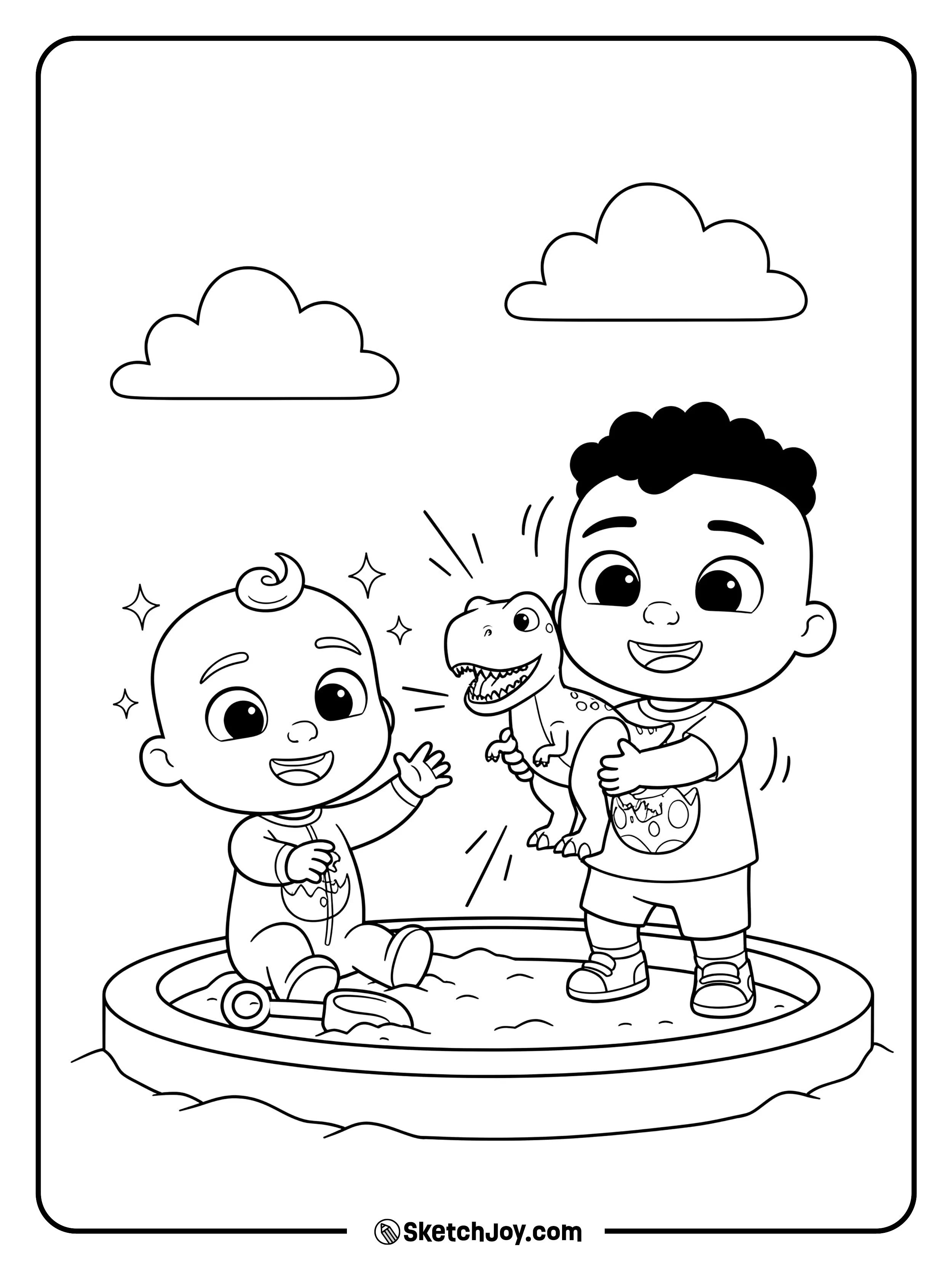 Cody shows JJ his toy T-rex by a sandbox dig site