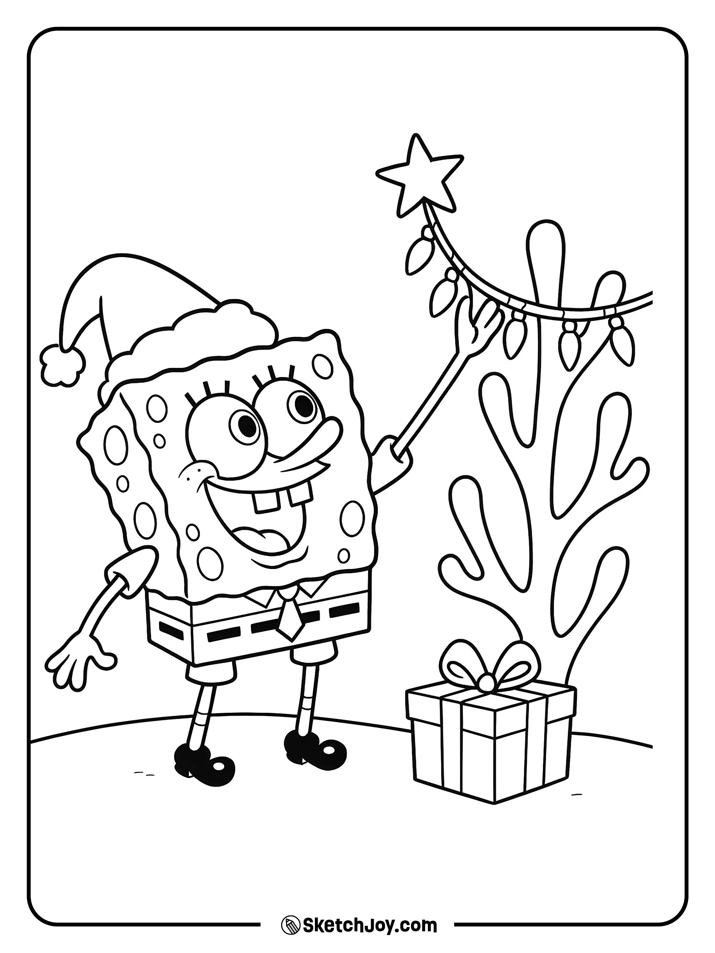 SpongeBob hangs lights on a coral branch with a star cap on his head.