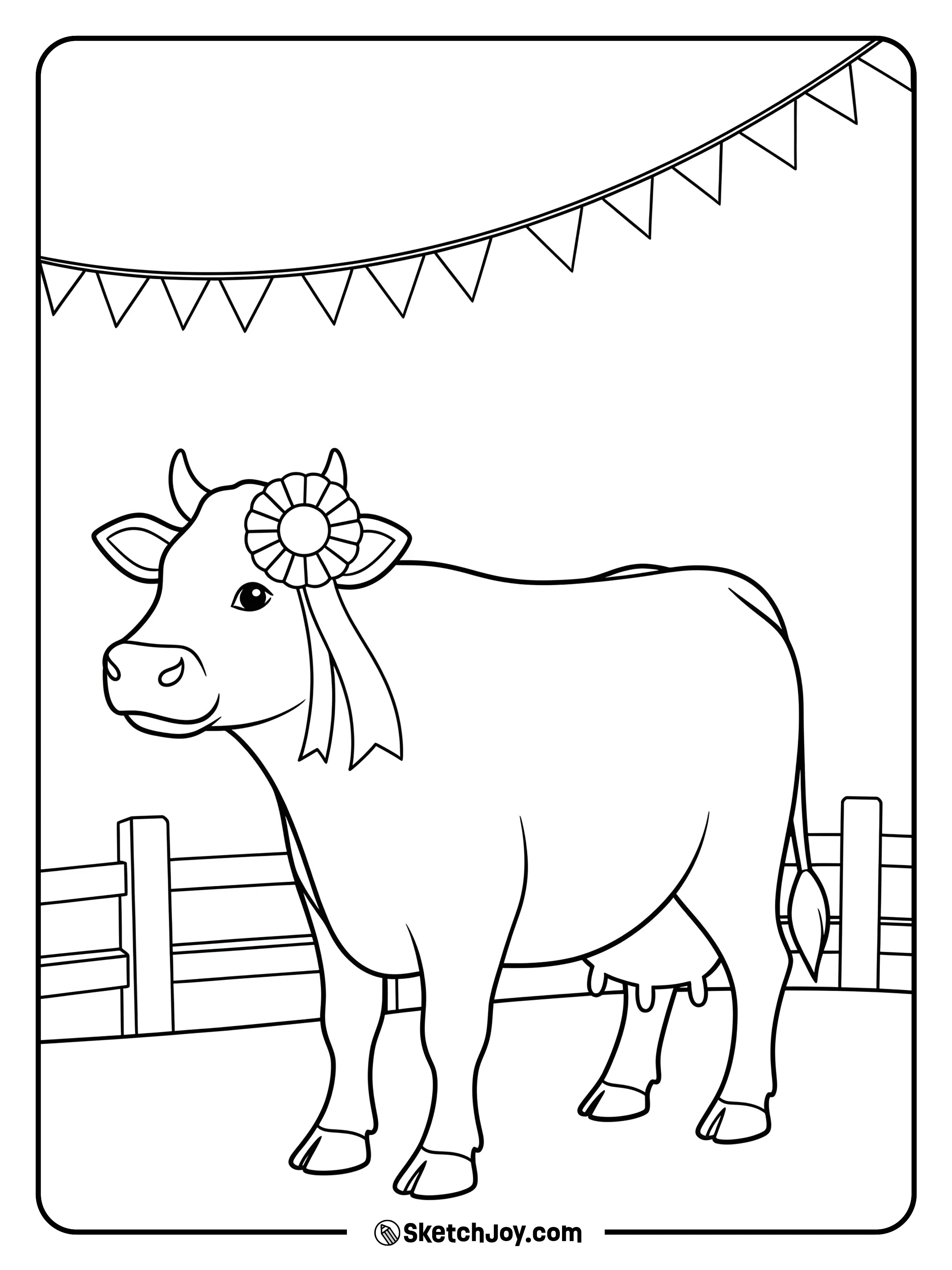 A proud cow wears a ribbon rosette on her halter.