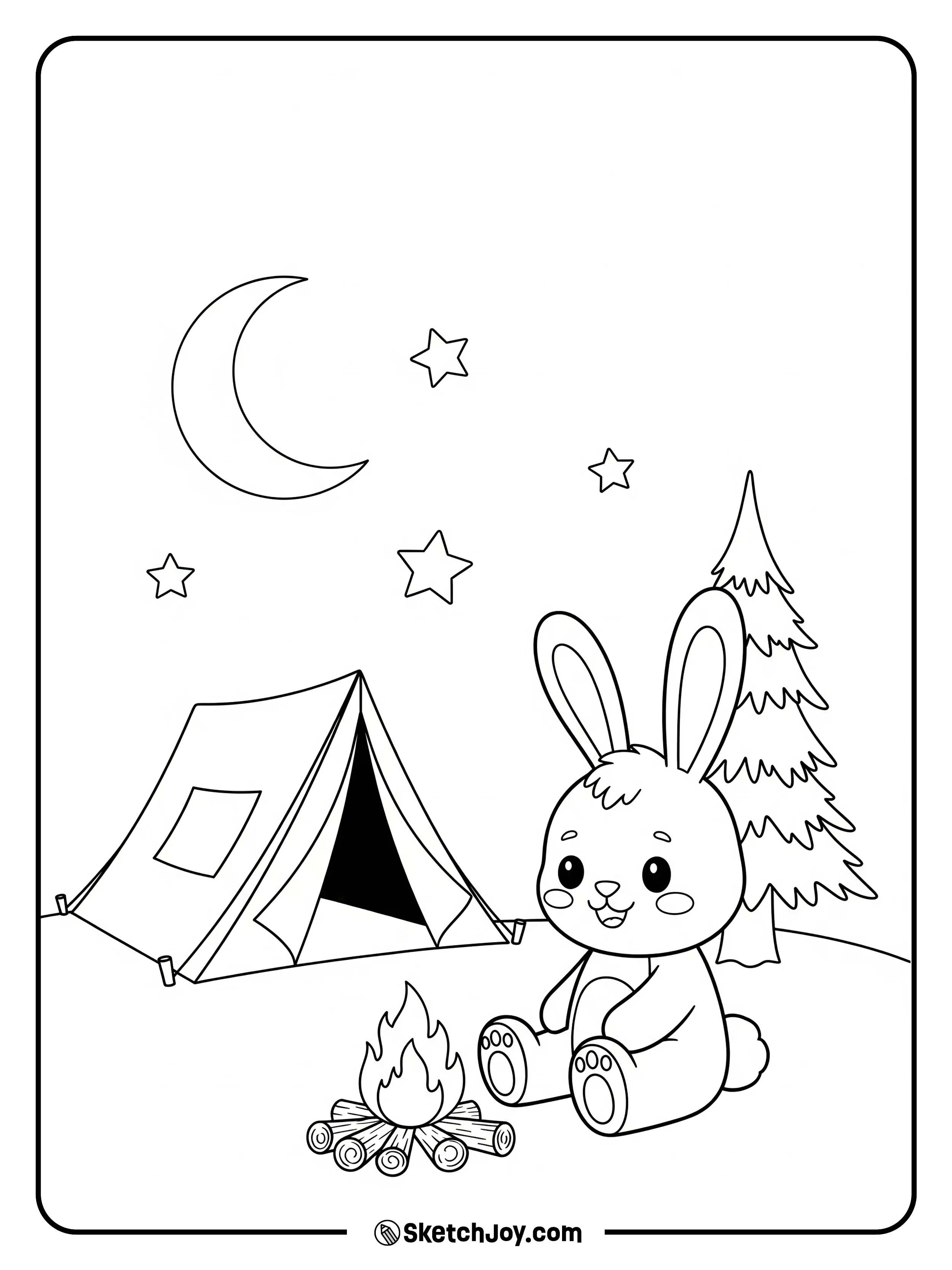 A bunny sits by a small tent roasting a carrot on a stick.