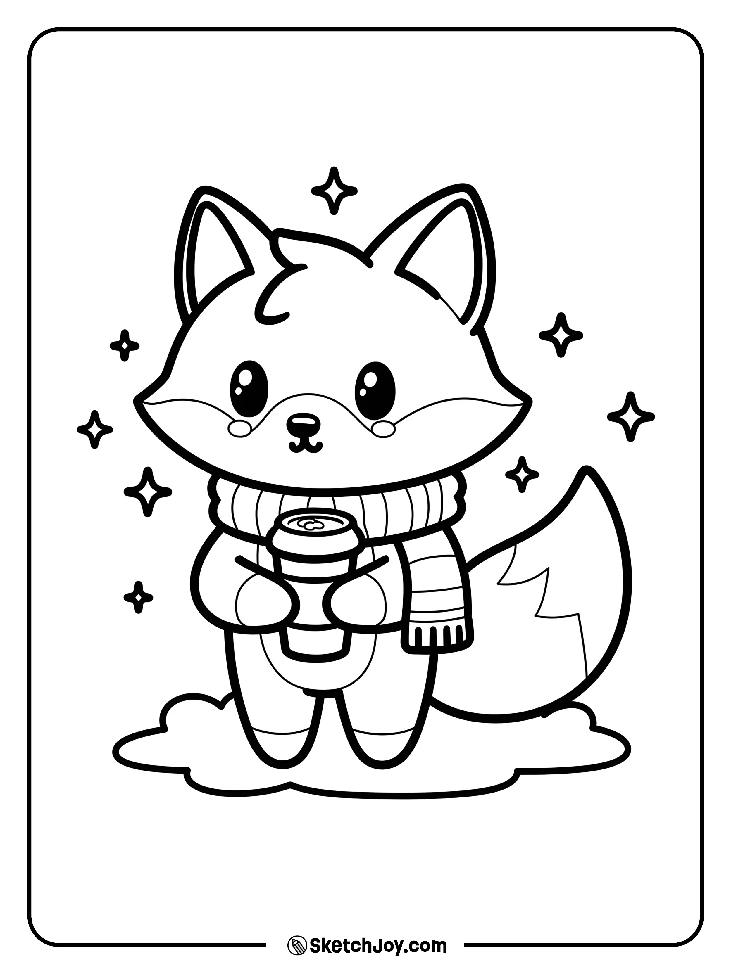 A chubby fox in a warm scarf holds a to-go cup