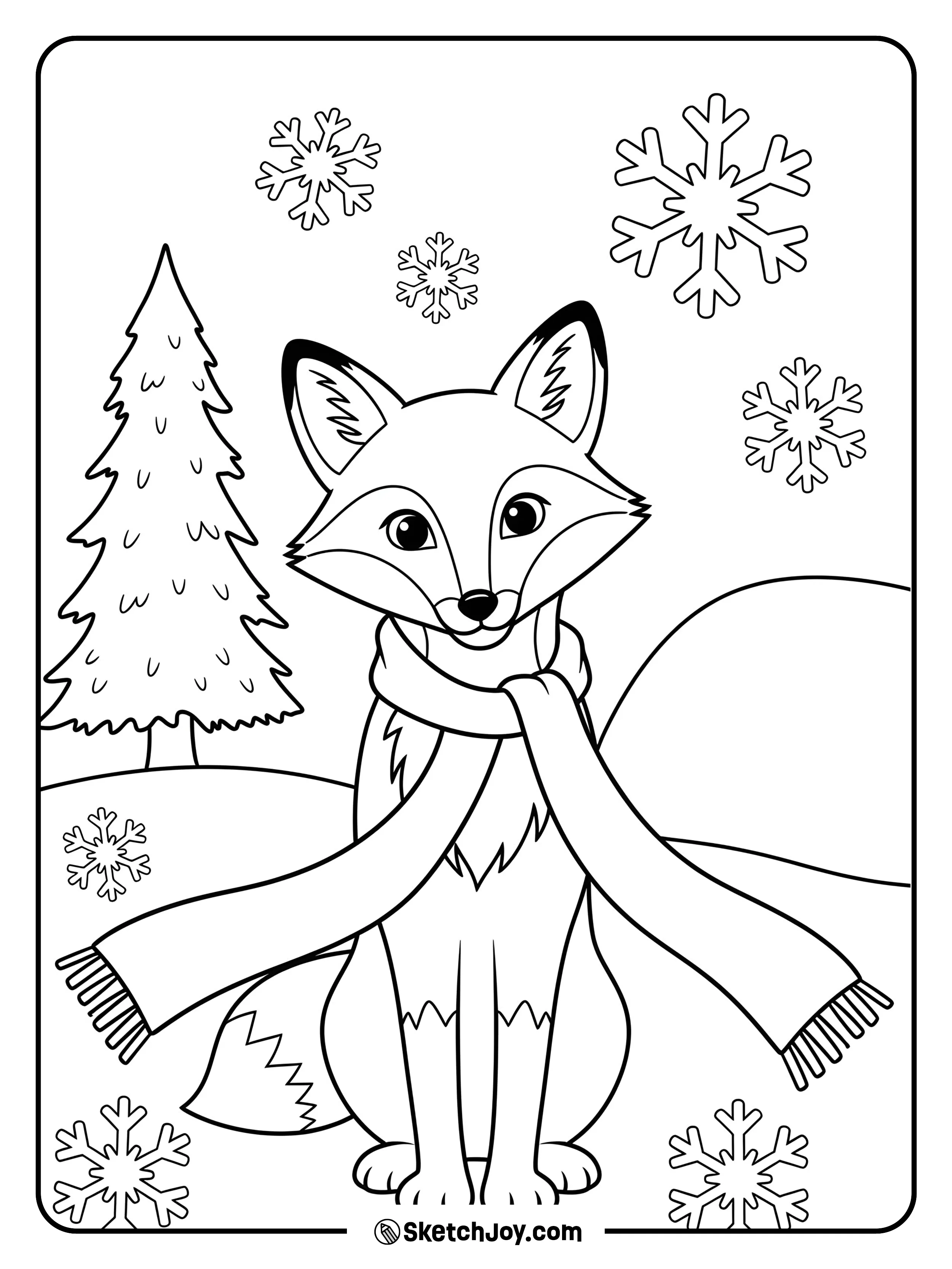 A fox sits wearing a long scarf with a single pine