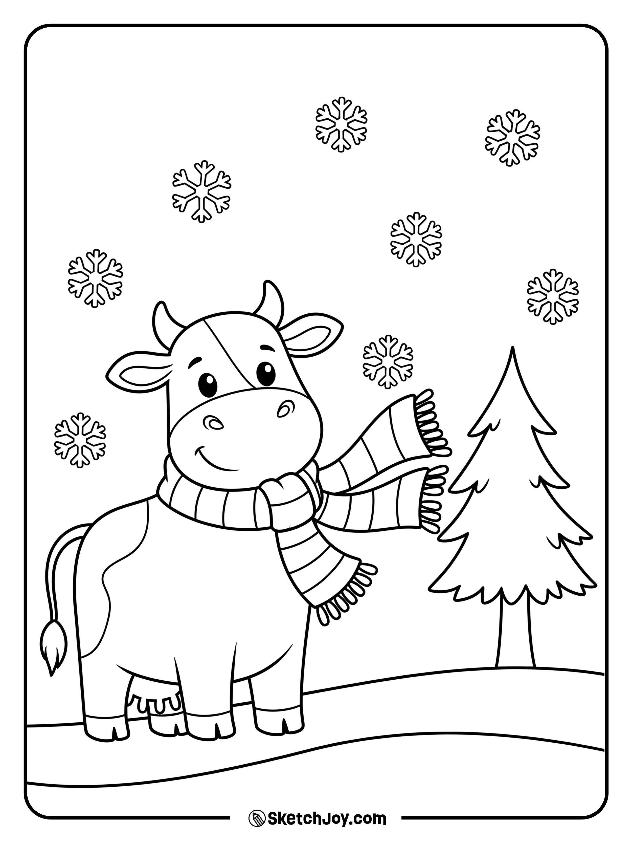 A cow in a knitted scarf stands in light snow.