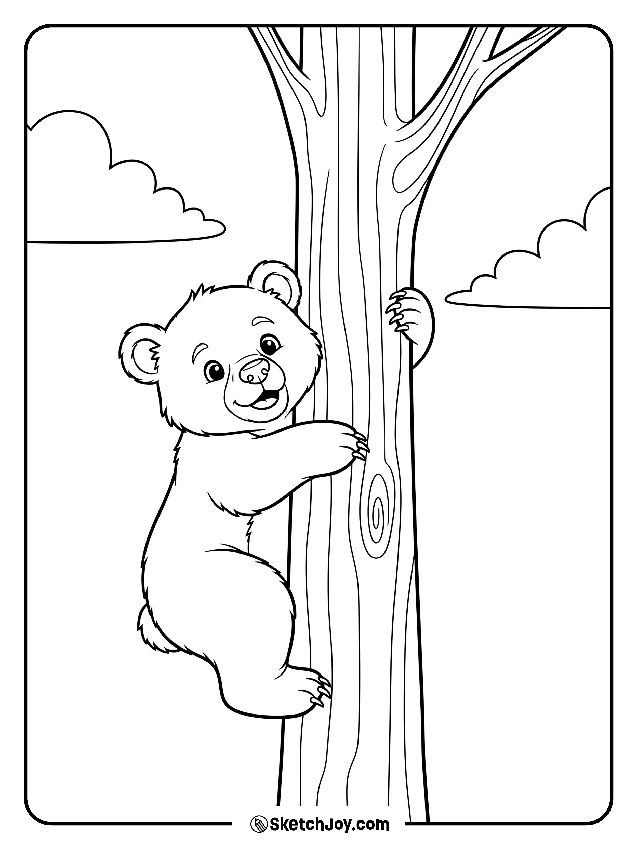 A black bear cub climbs a sturdy trunk with a curious look.