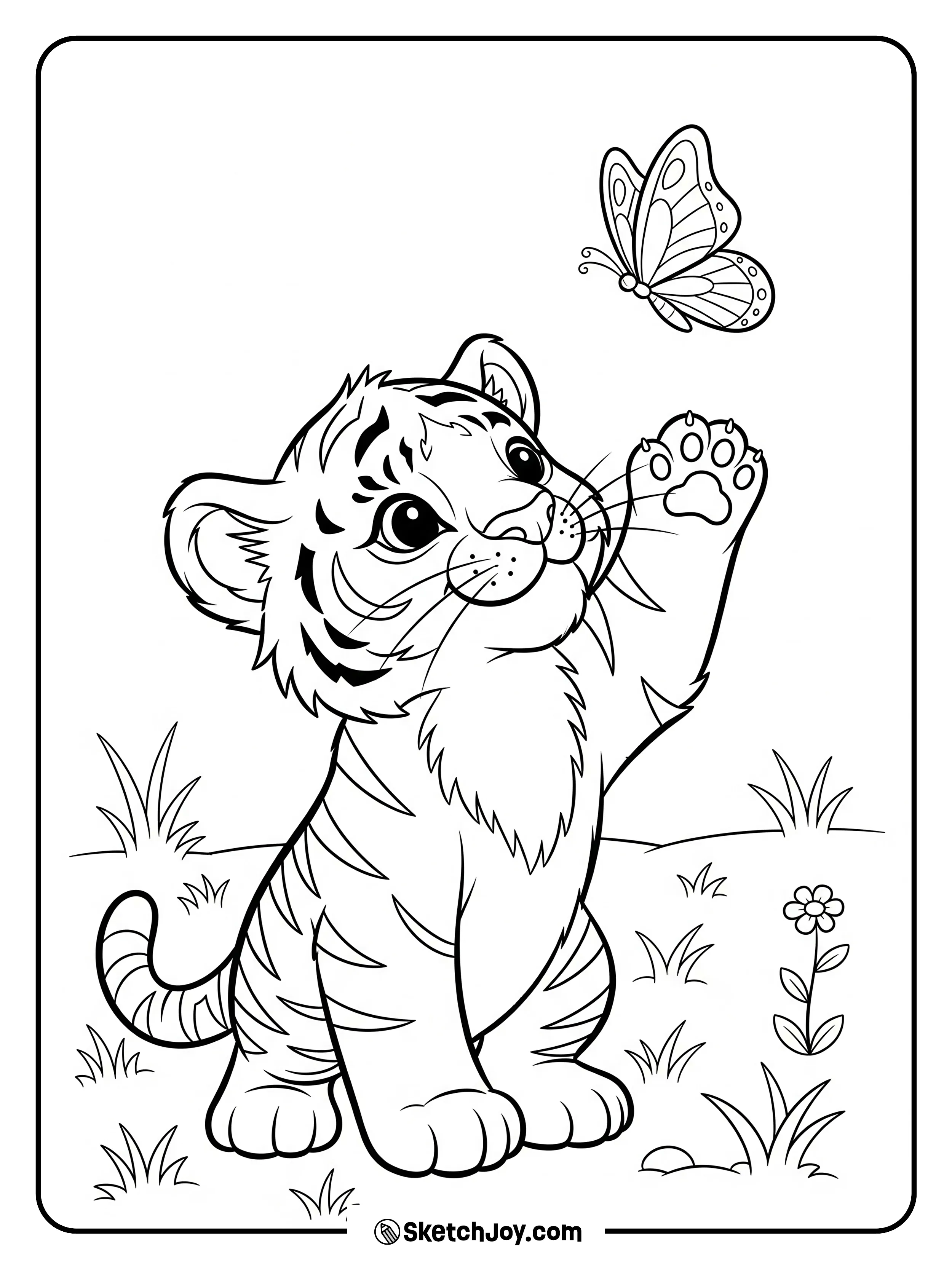 A tiny cub lifts a paw as a butterfly lands nearby.