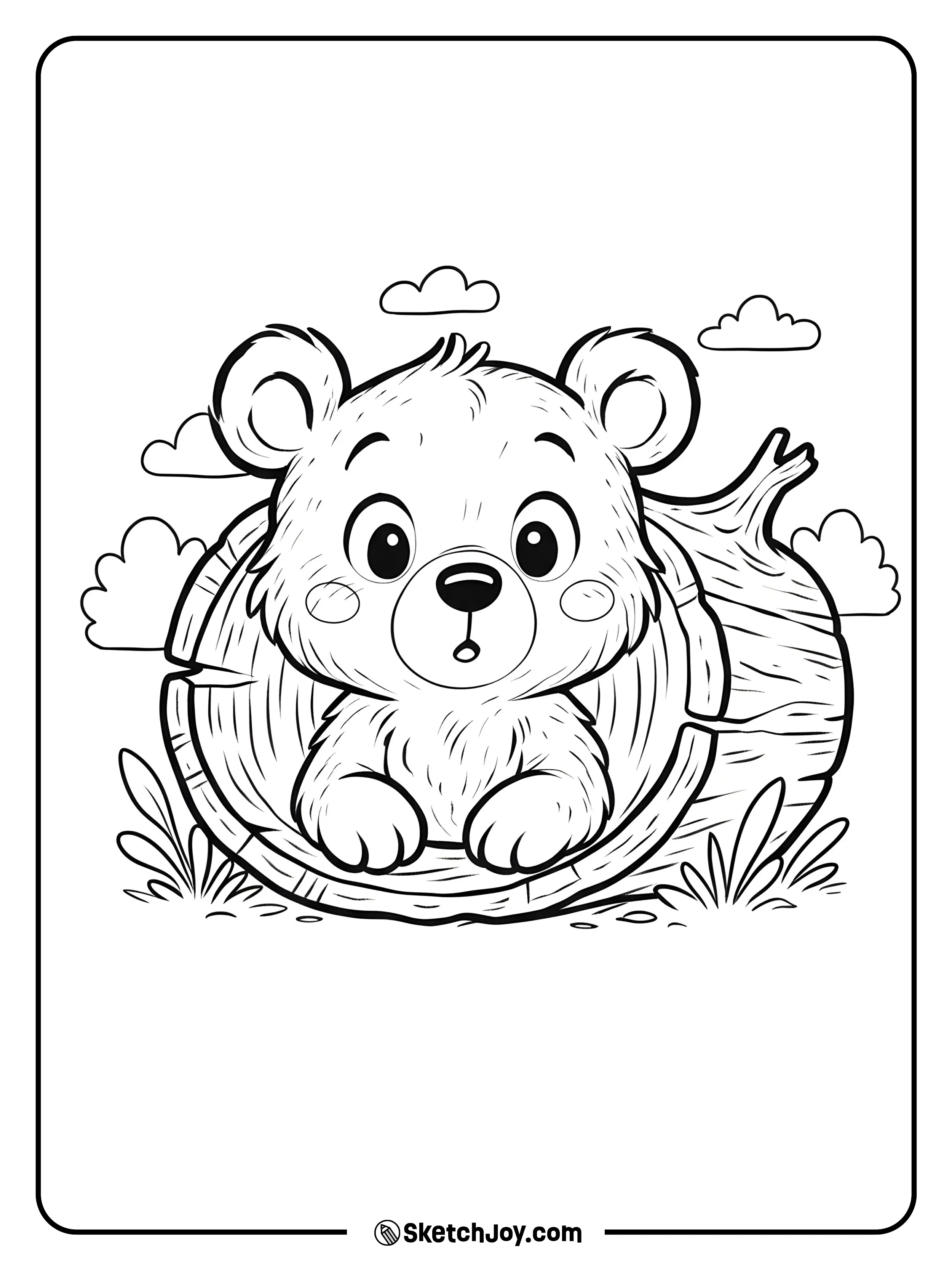 A wide-eyed baby bear peeks out from a hollow log.
