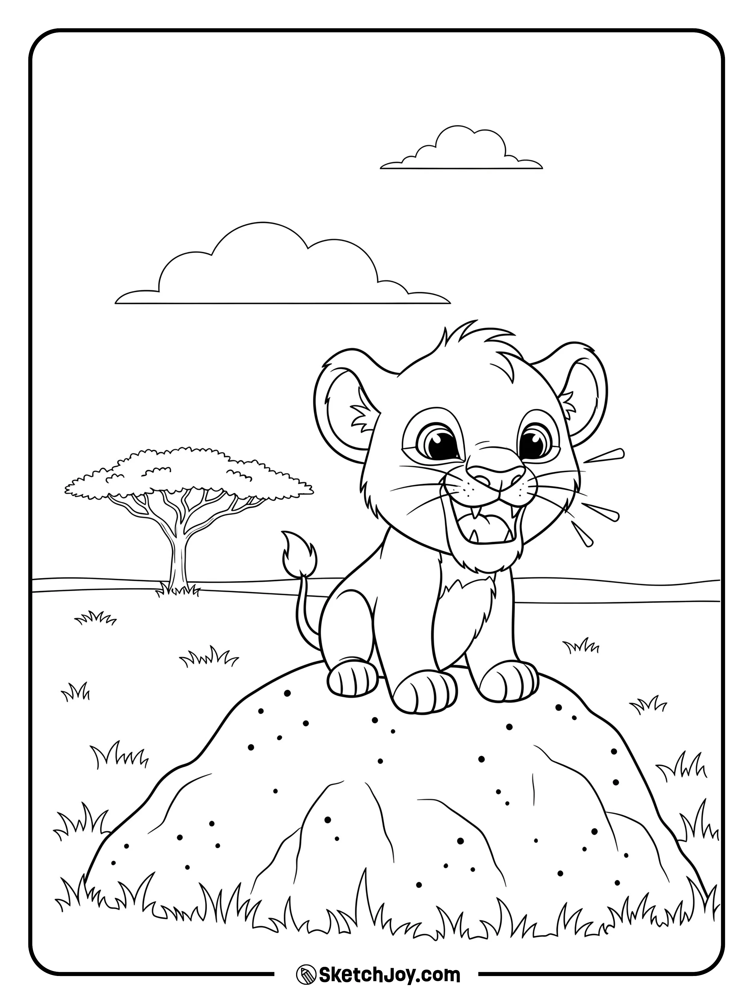 A small cub stands on a termite mound and tries to roar at the sky.