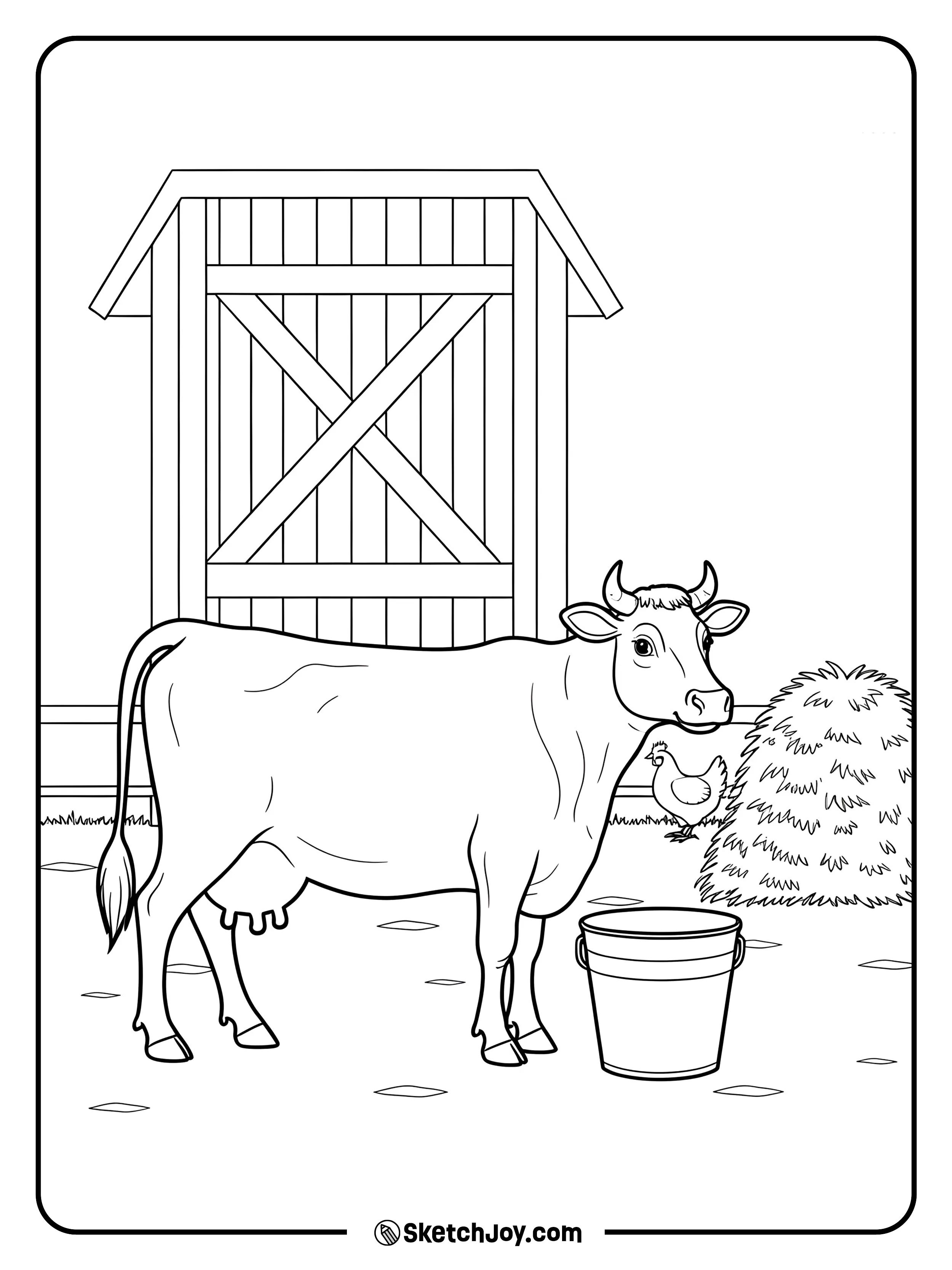 A dairy cow lowers her head near a classic milk pail.