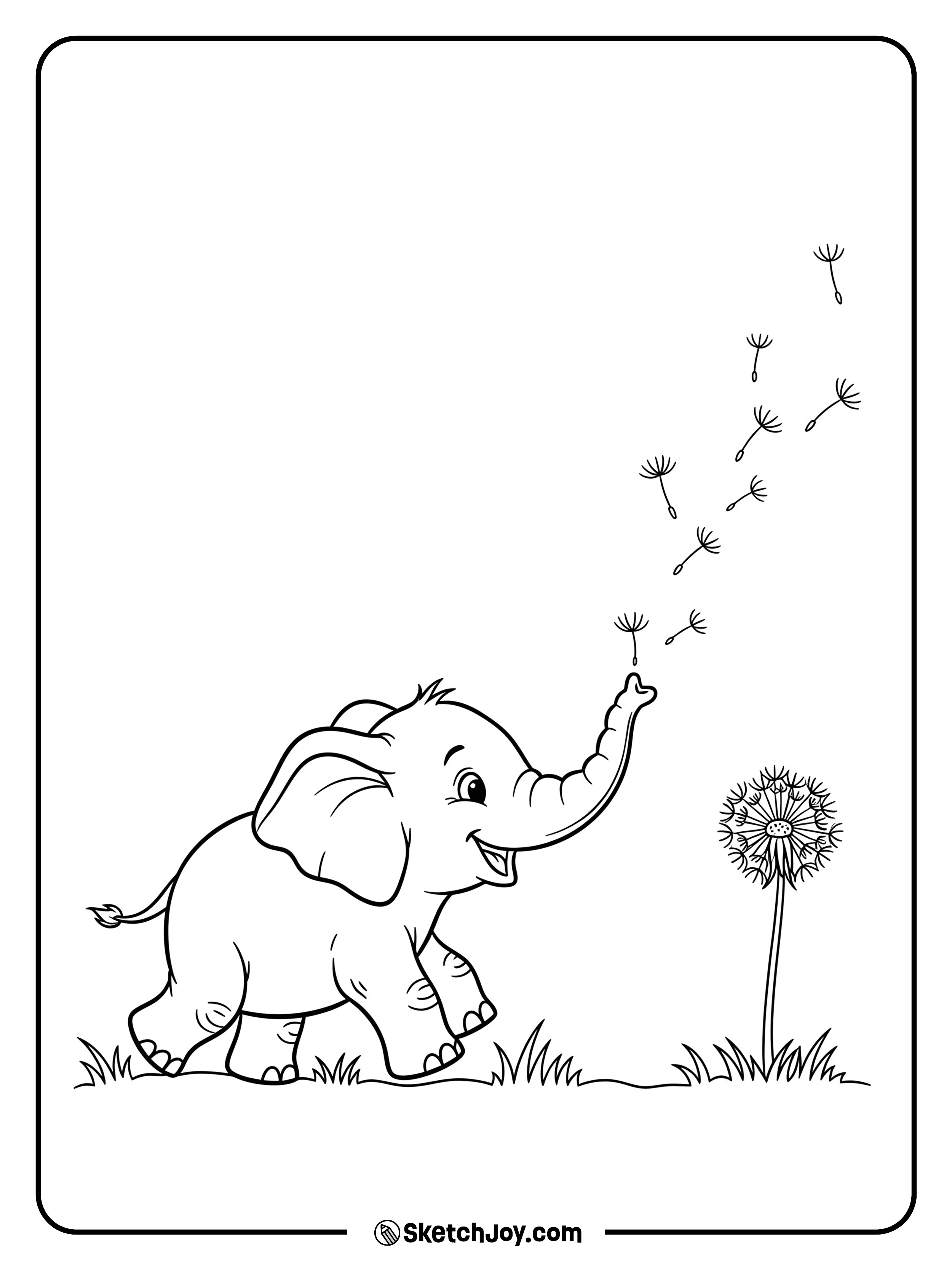 A calf follows floating dandelion seeds across open grass.