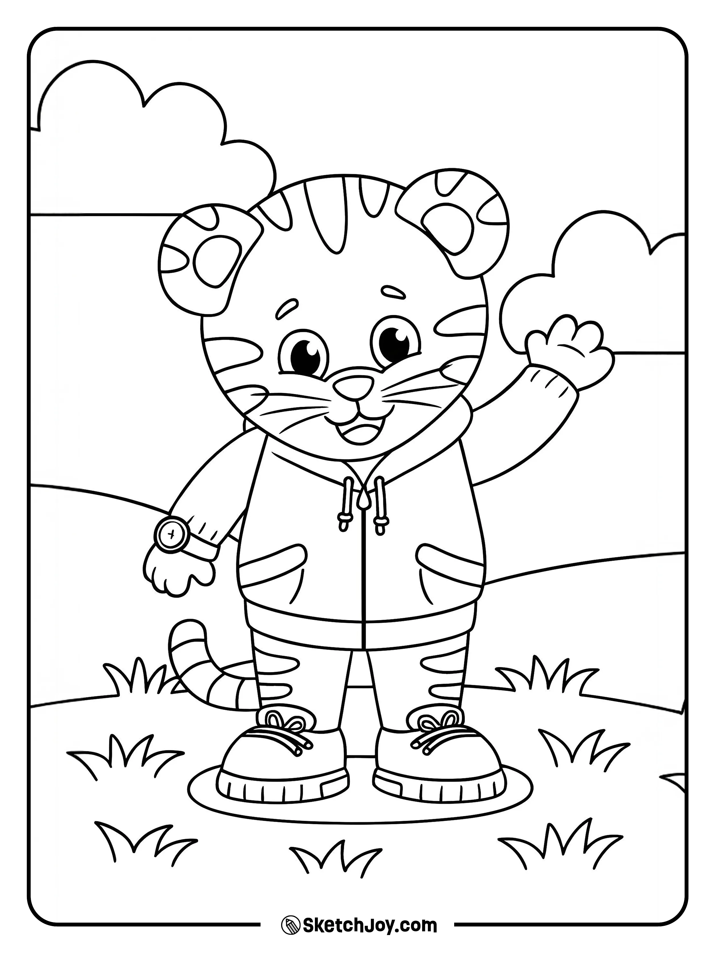 Daniel Tiger smiles and waves while standing on a grassy patch.