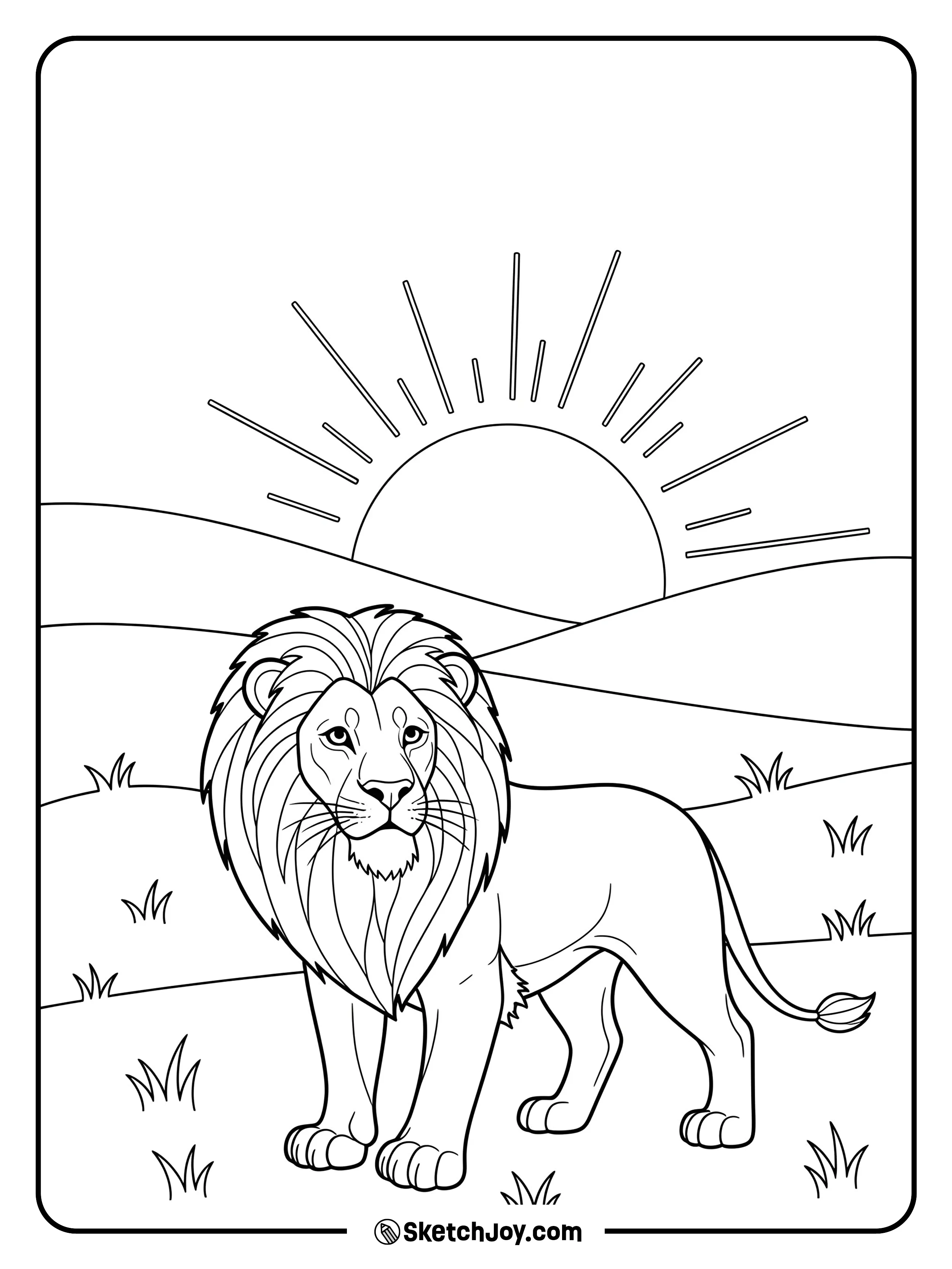A proud lion stands at sunrise with long shadows and soft hills.