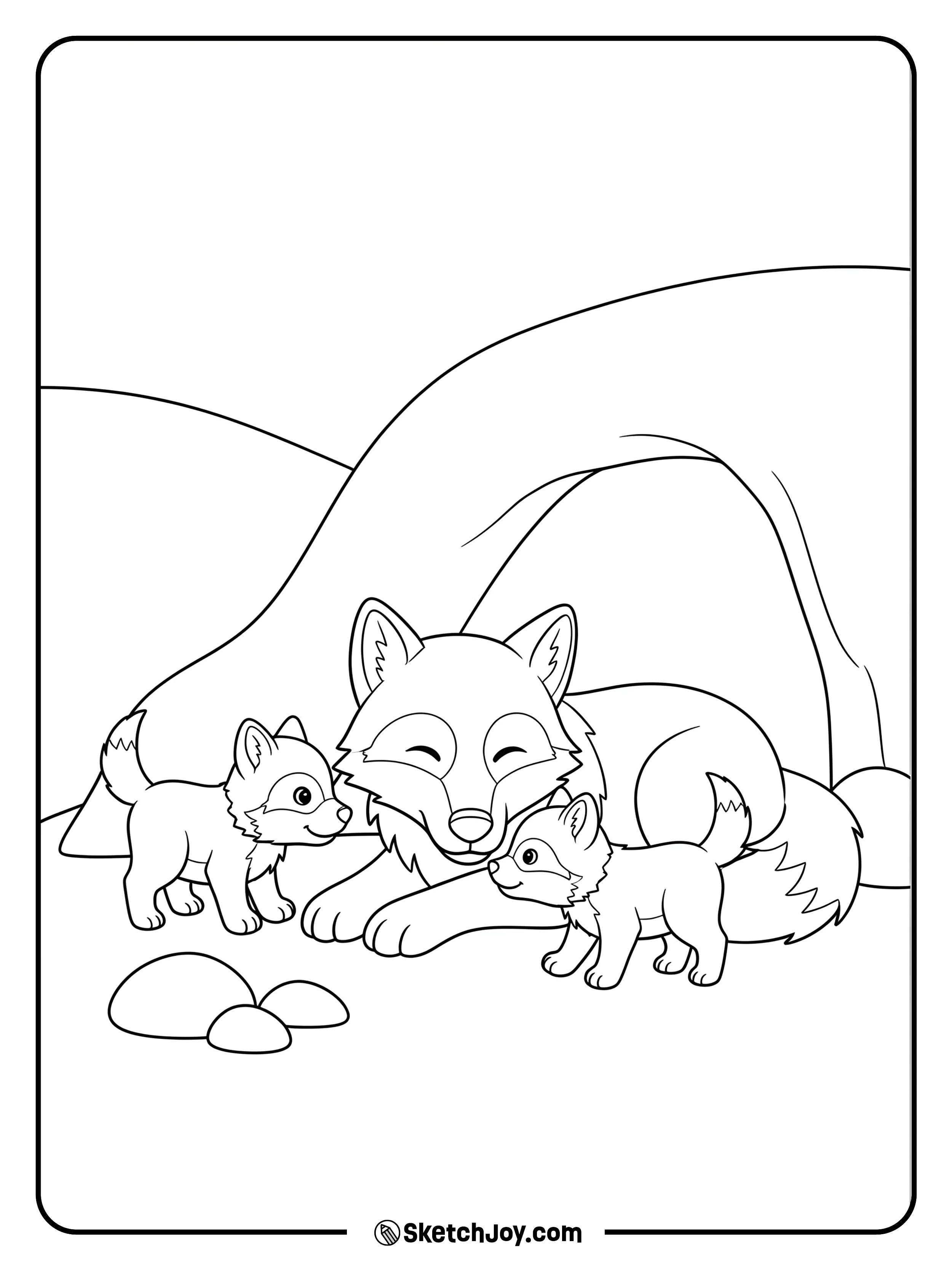 A parent wolf lies by a den entrance while two pups explore nearby stones.