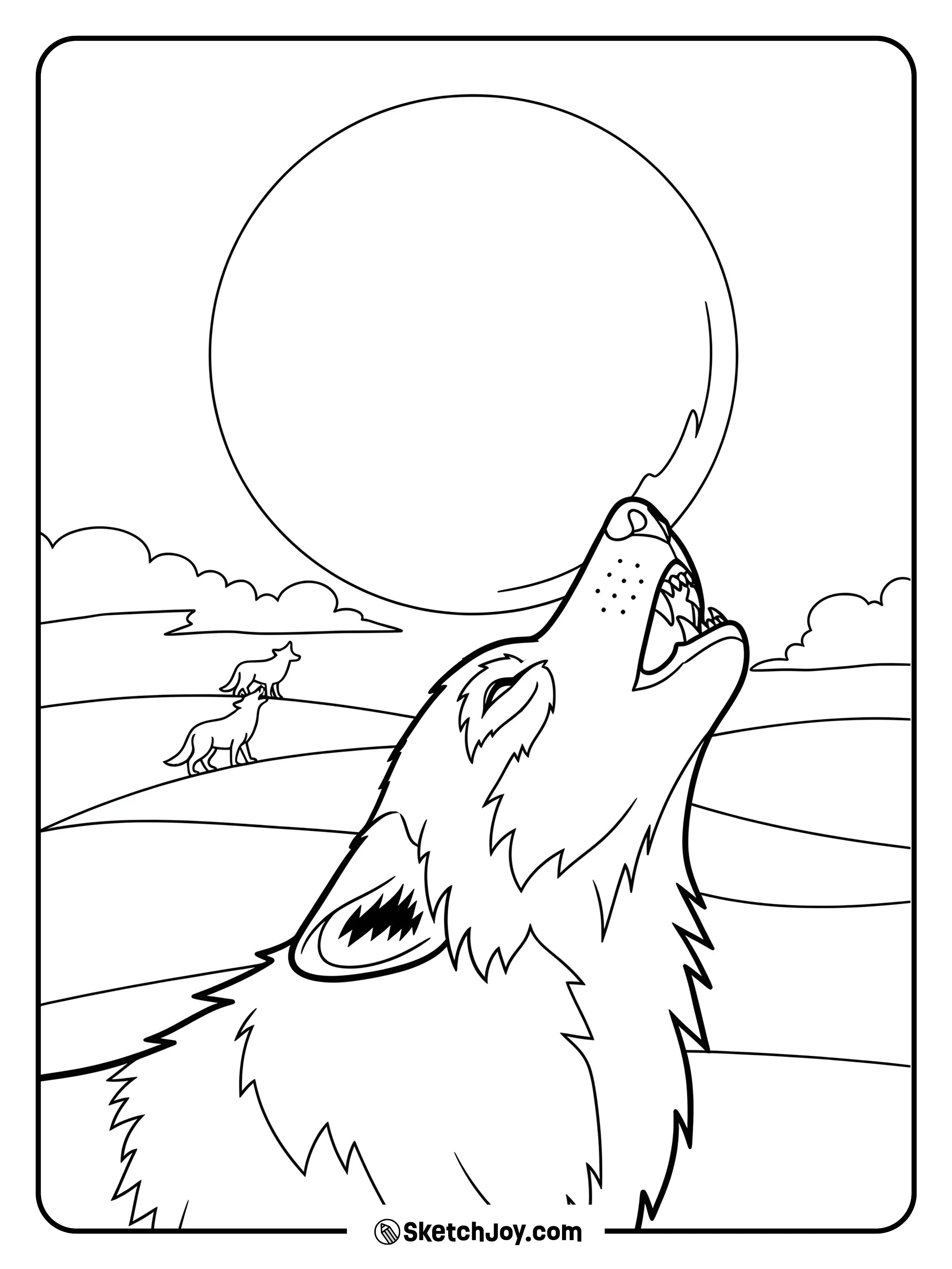 A wolf howls while two tiny pack shapes reply from a far ridge.