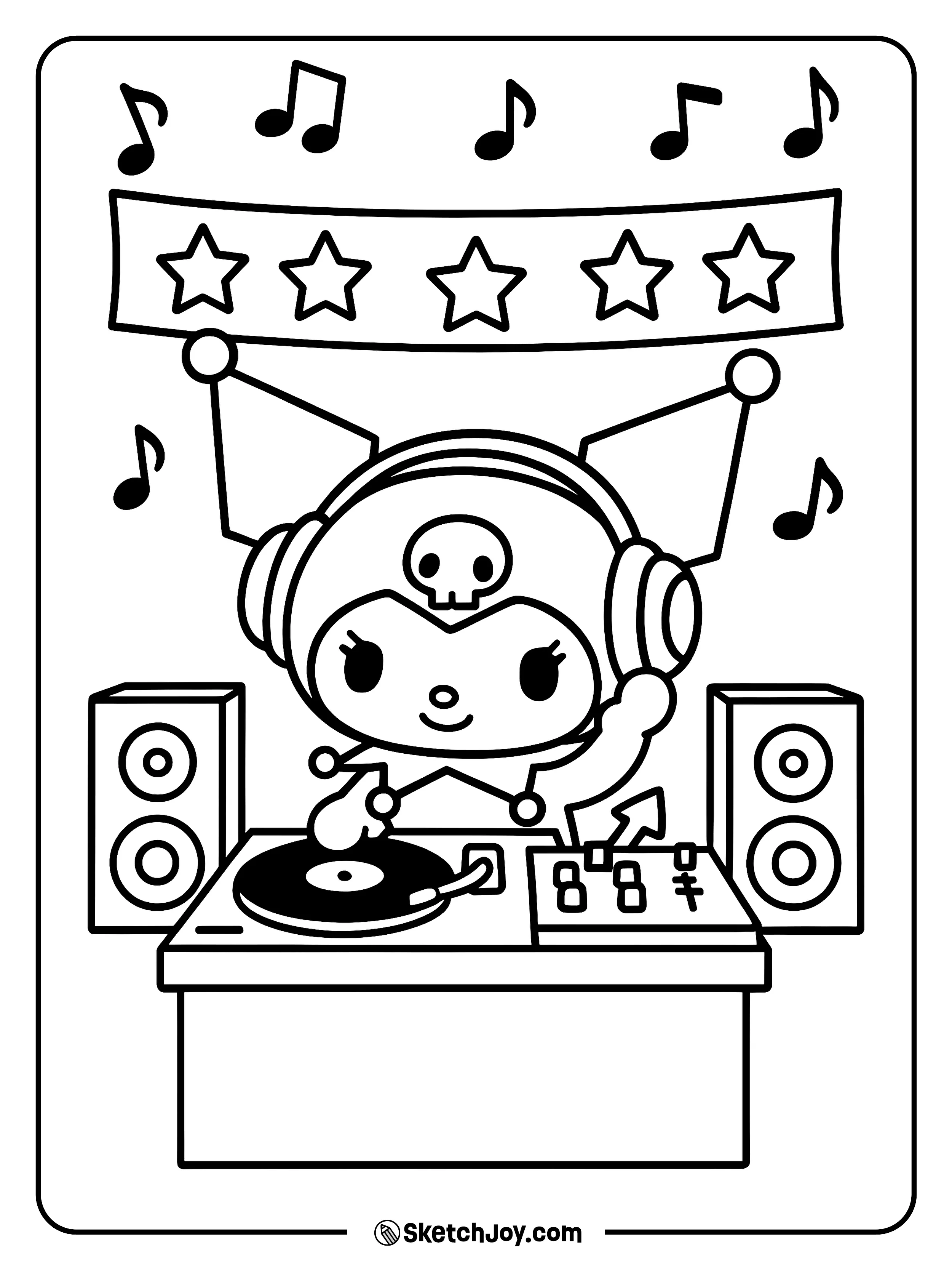 Kuromi scratches a record while music notes float around.