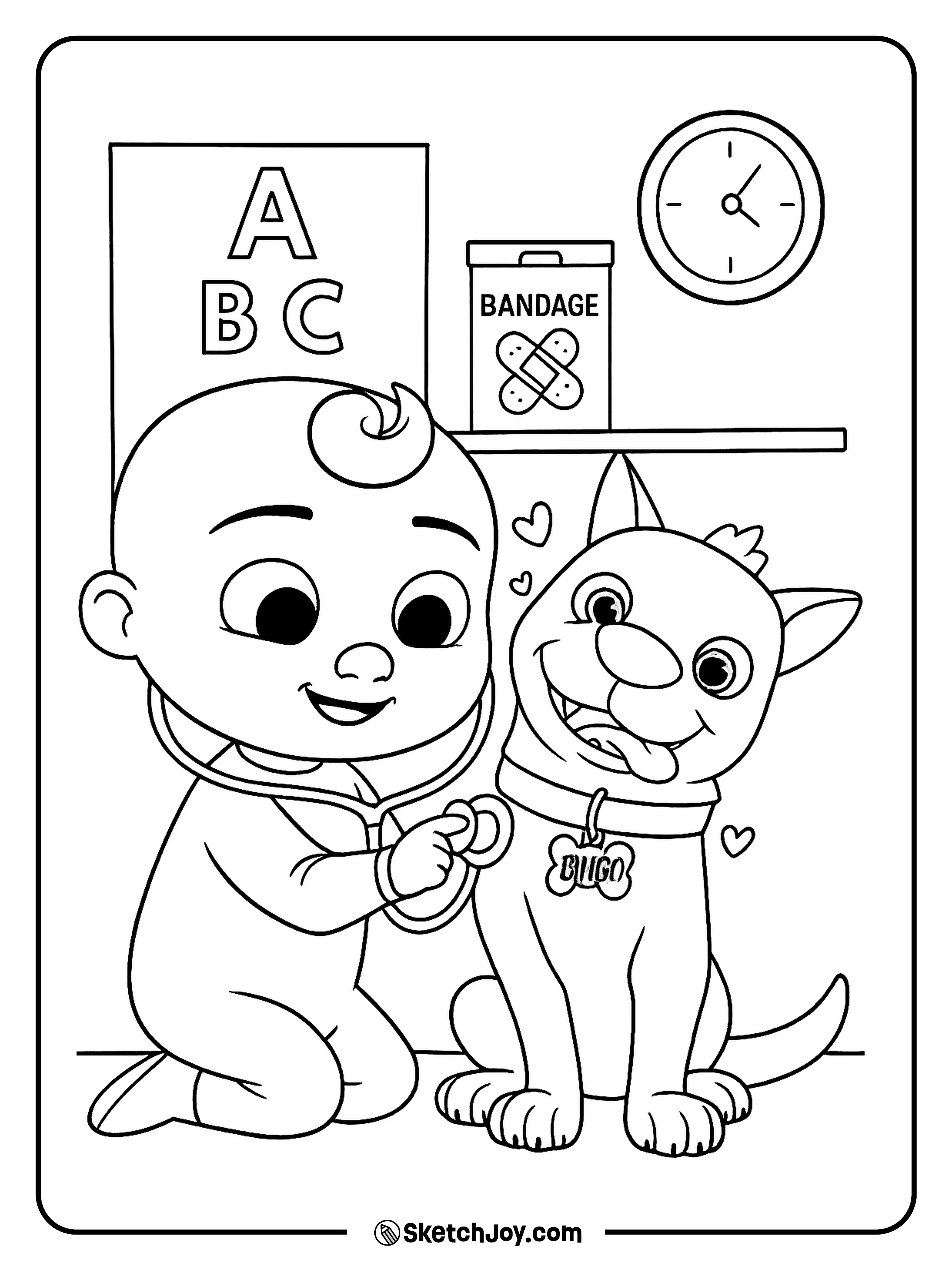 JJ listens to Bingo’s heartbeat with a toy stethoscope.