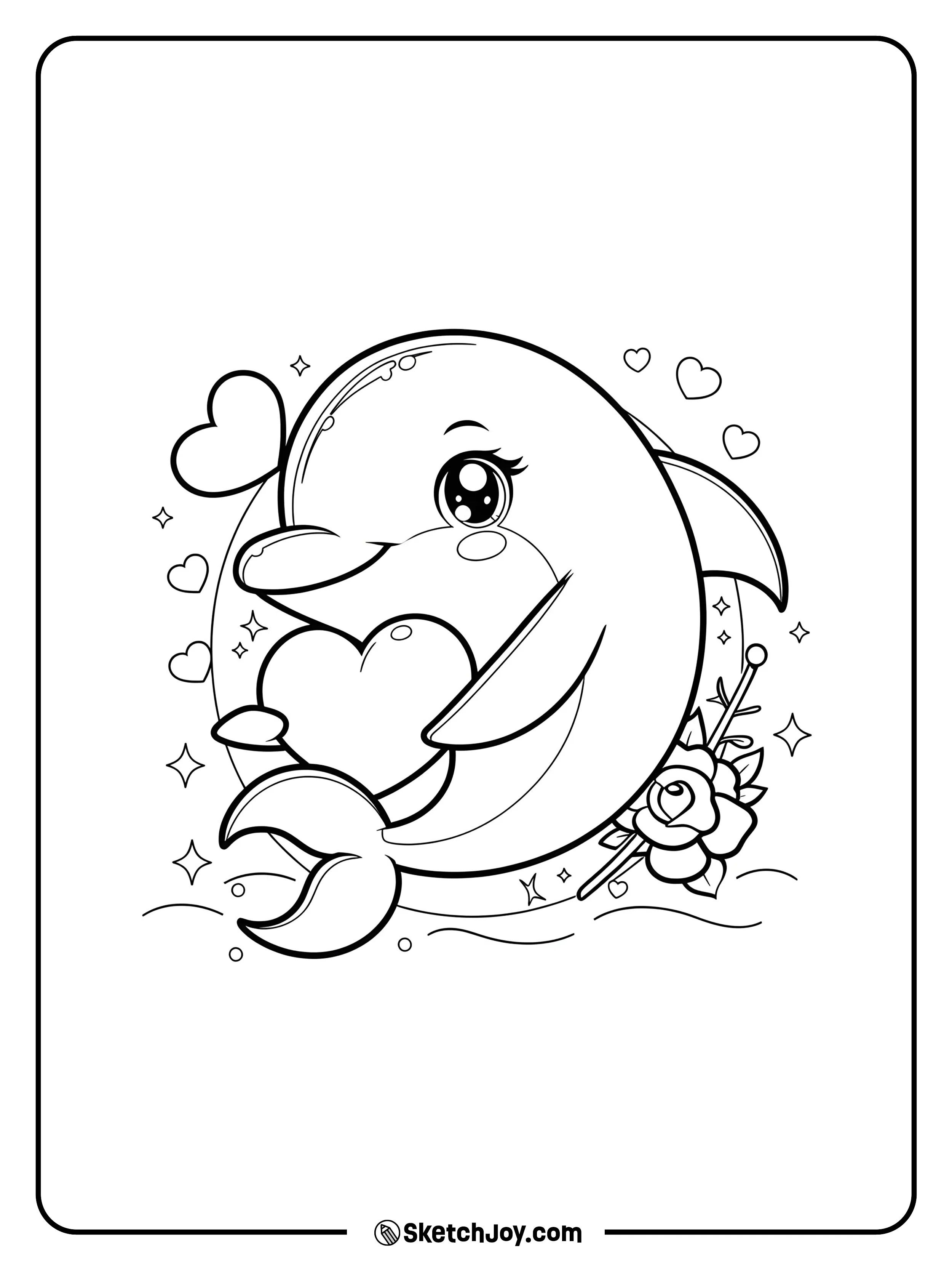 A cute round dolphin holds a big heart.