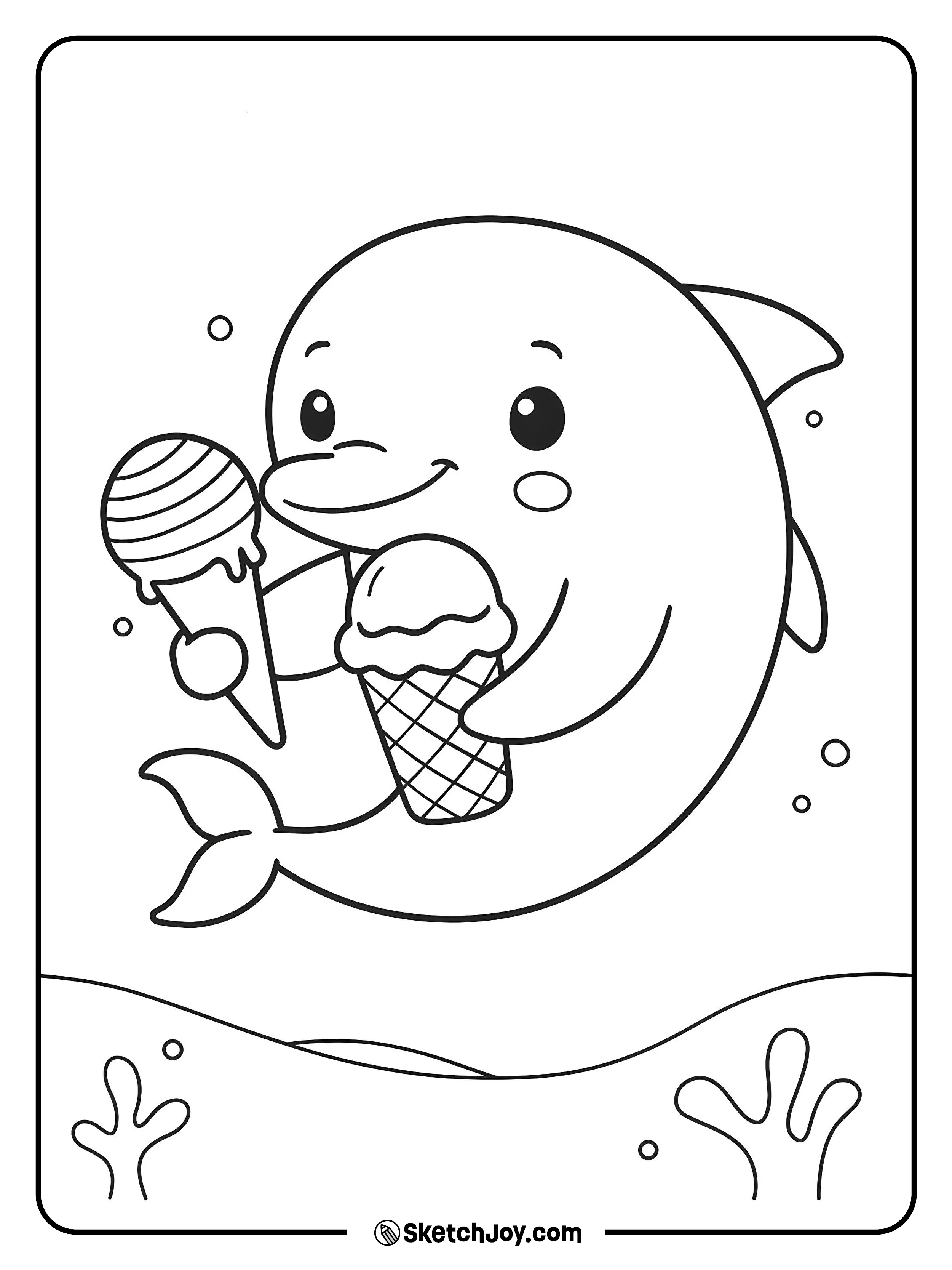 A chubby dolphin smiles and holds two ice cream cones under the water.