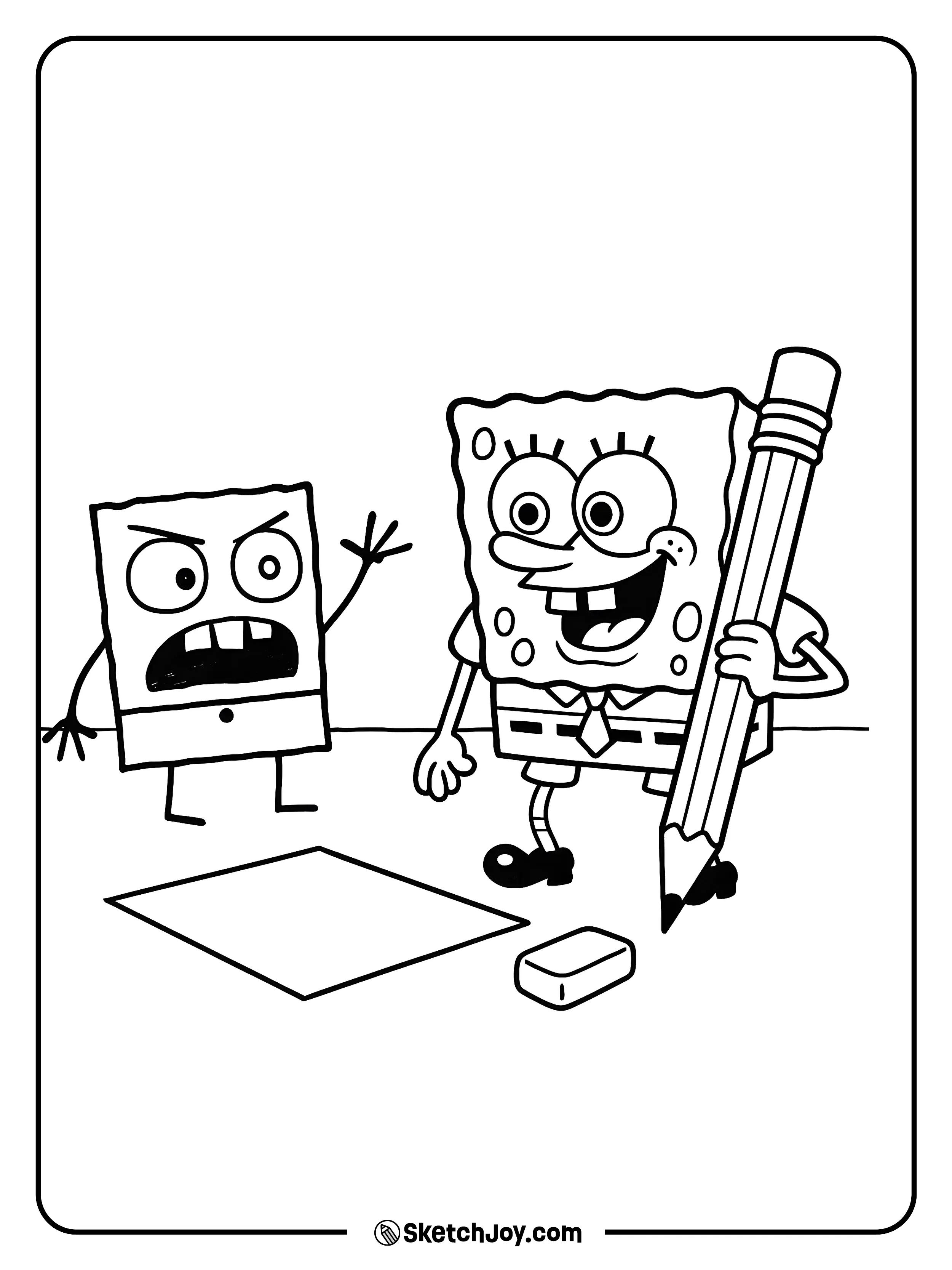 SpongeBob holds a giant pencil while DoodleBob stands on a page.
