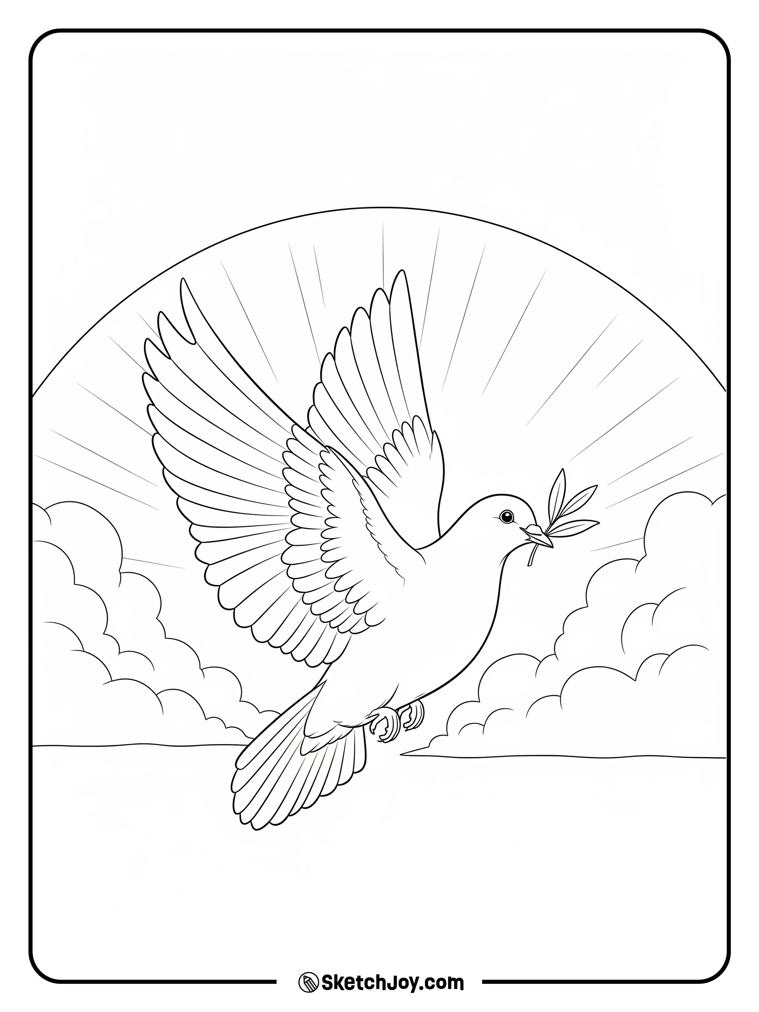 A calm dove carries a small leaf.