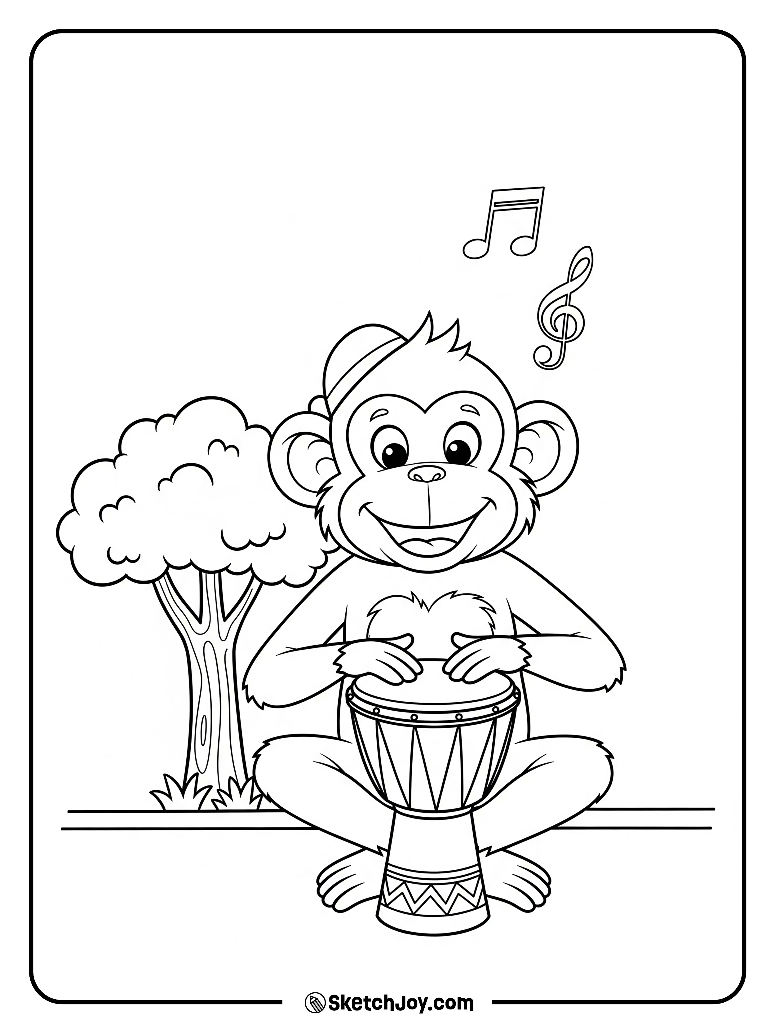 A smiling monkey taps a hand drum under a small tree.
