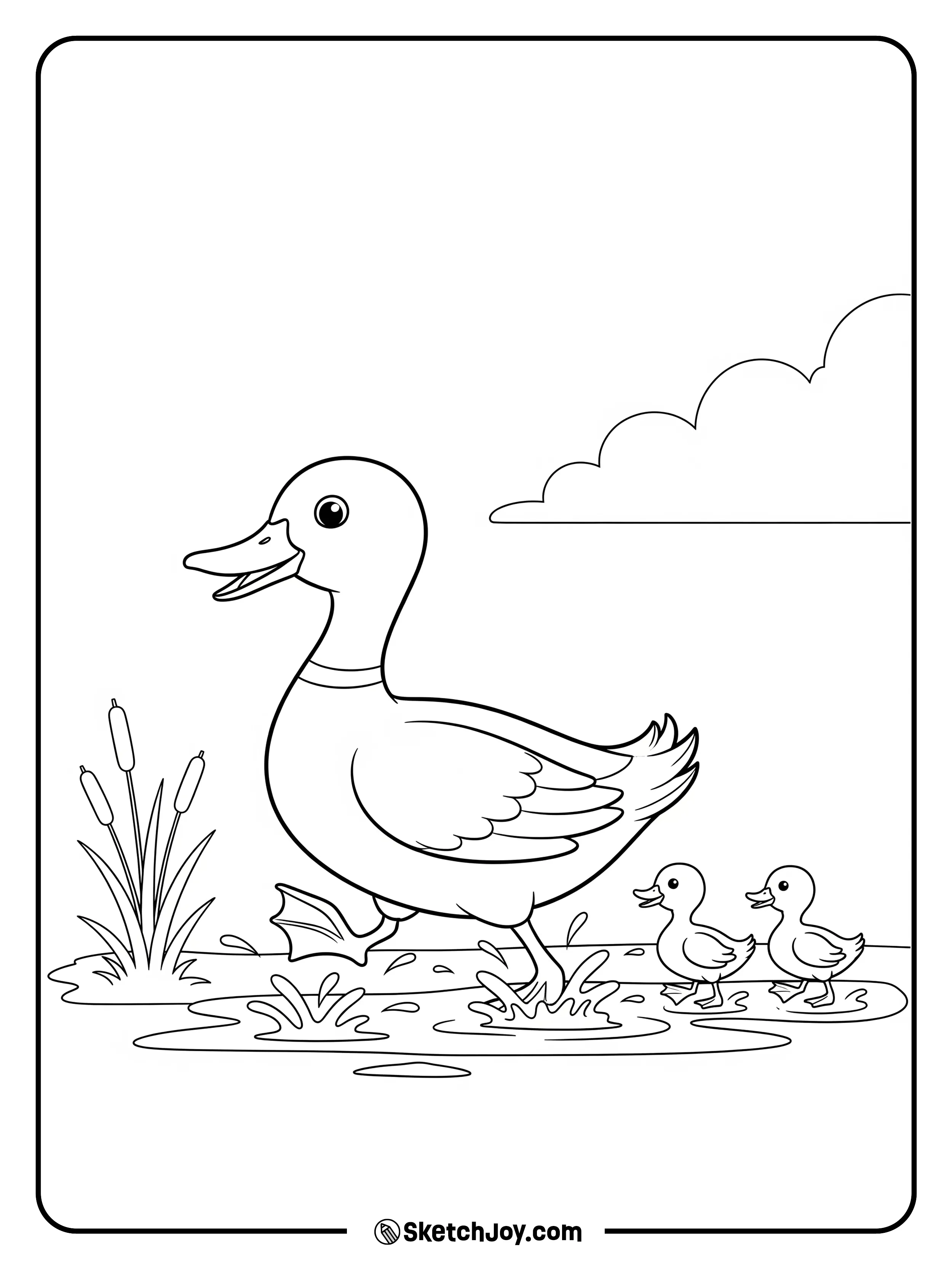 A mother duck leads two little ducks.