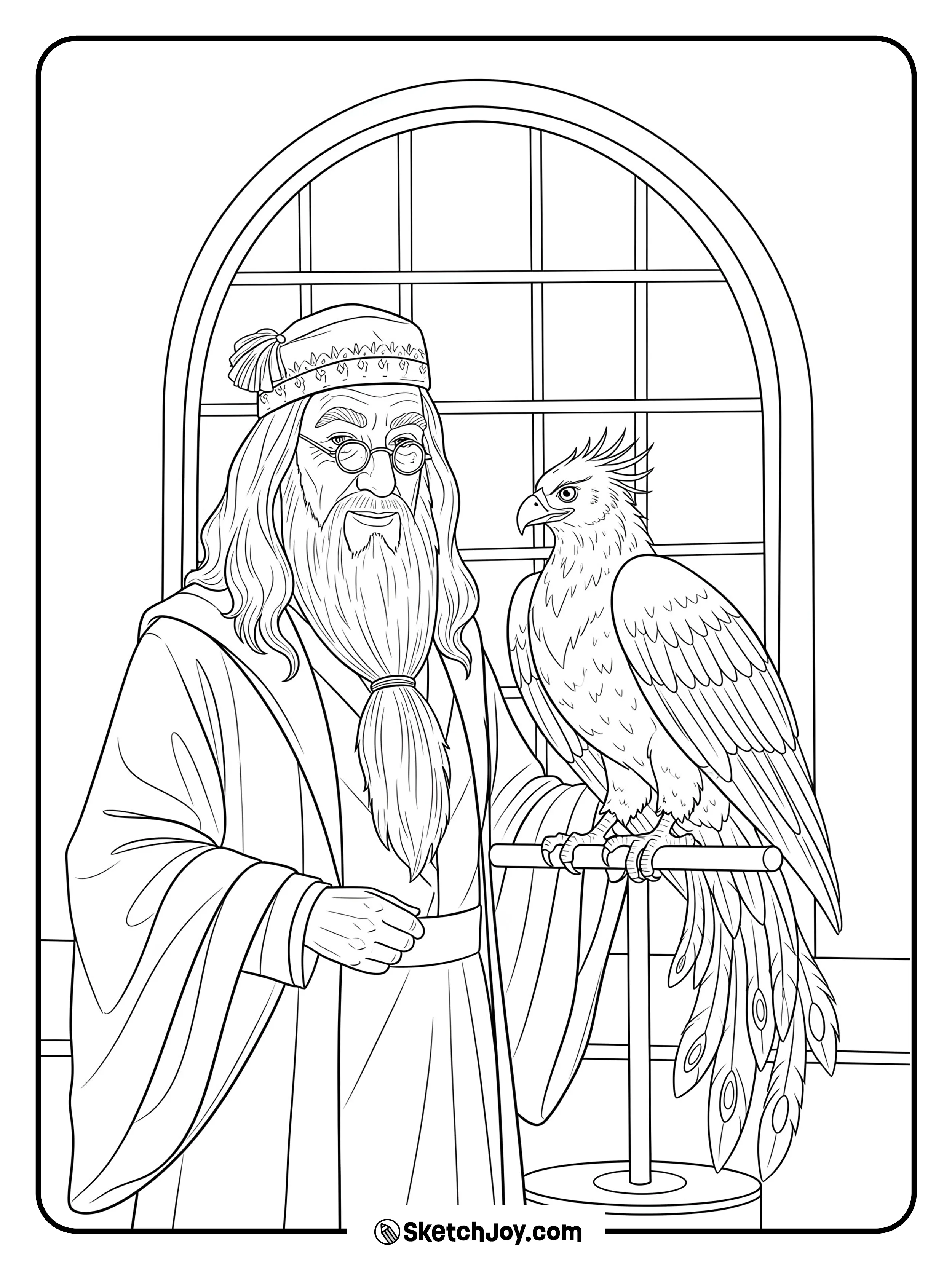 Dumbledore stands near the phoenix on its perch.