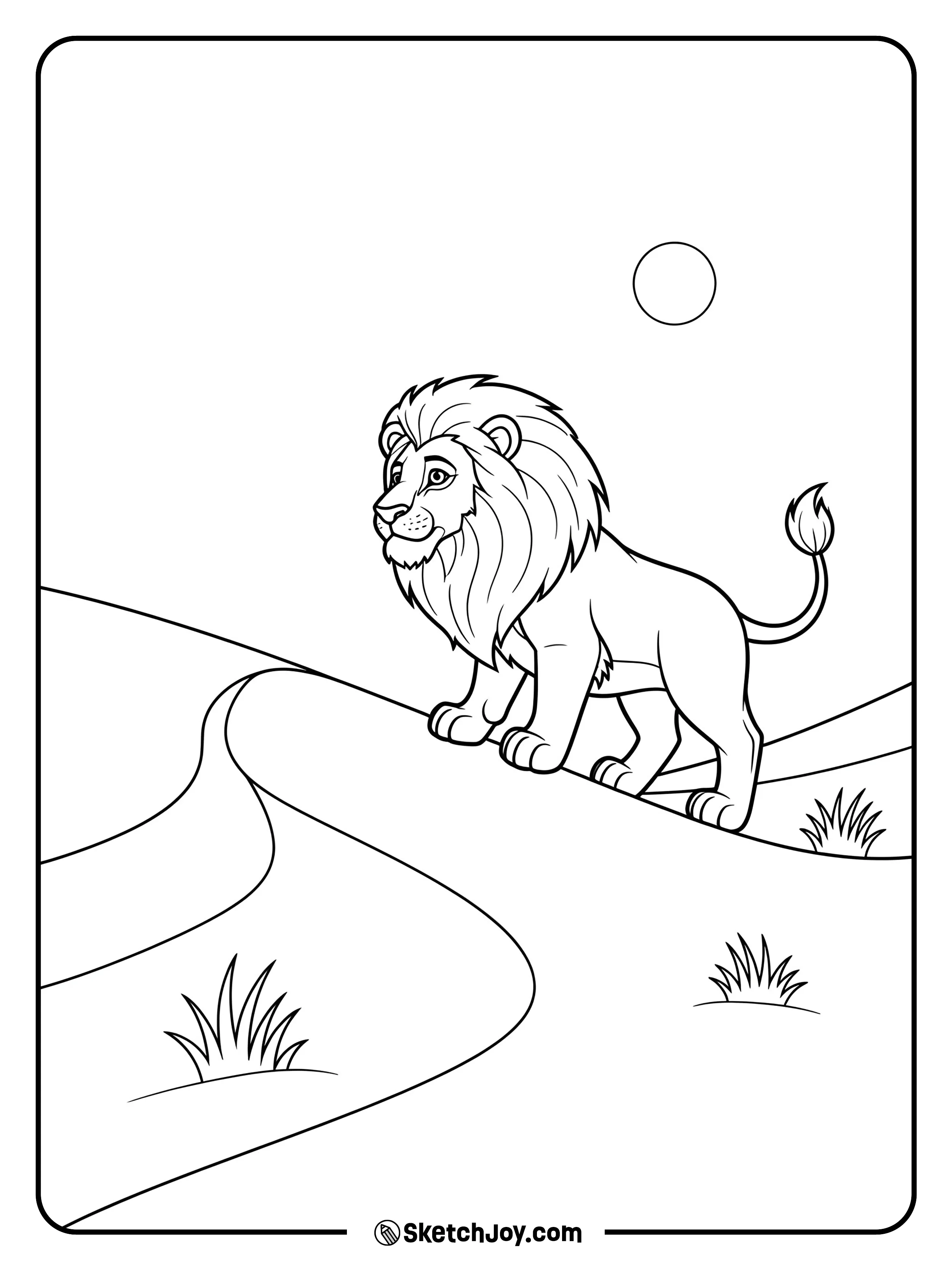 A lion walks along a soft sand dune as a gentle wind shapes the crest.
