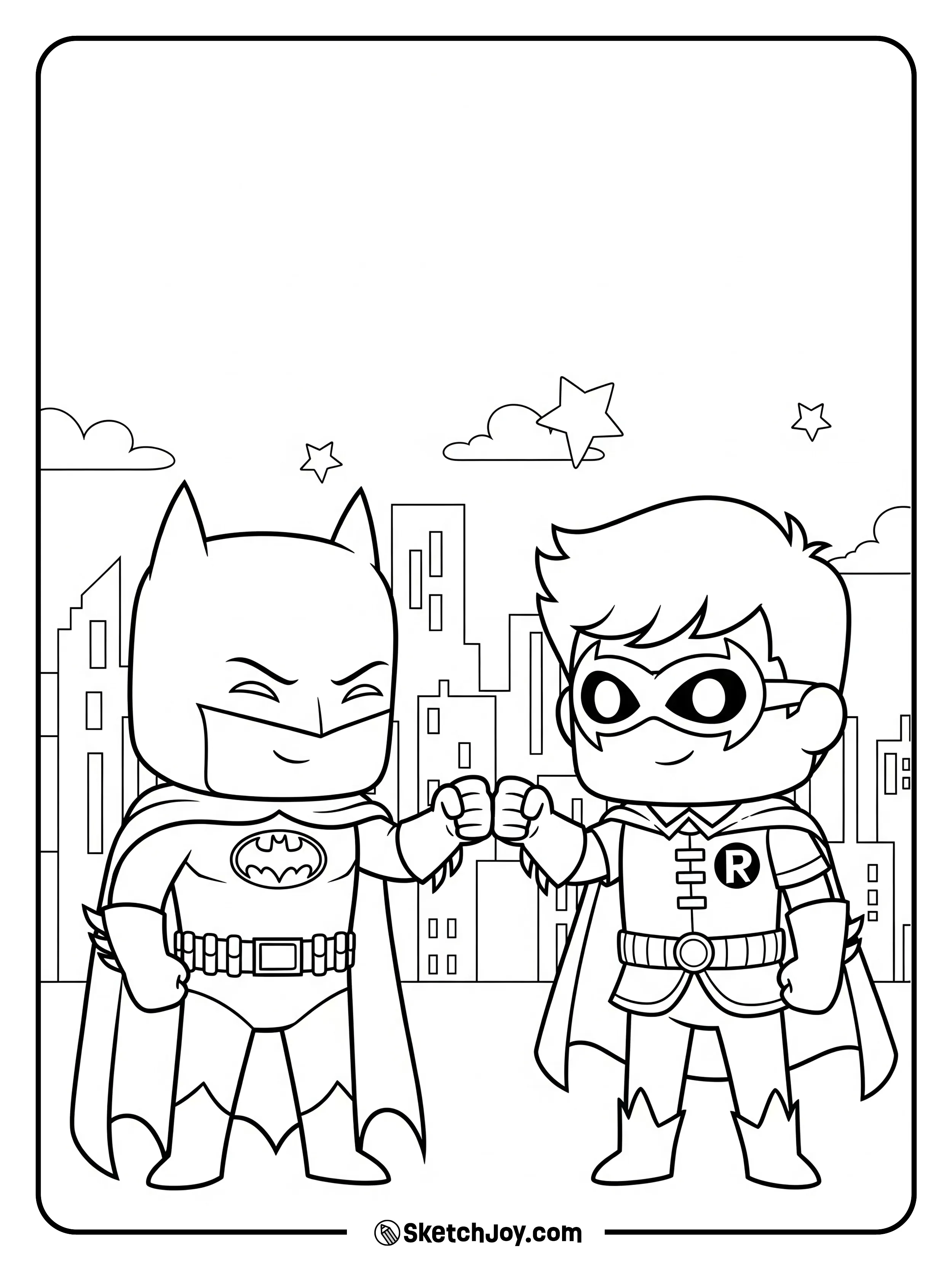 Batman and Robin bump fists with city lights behind.