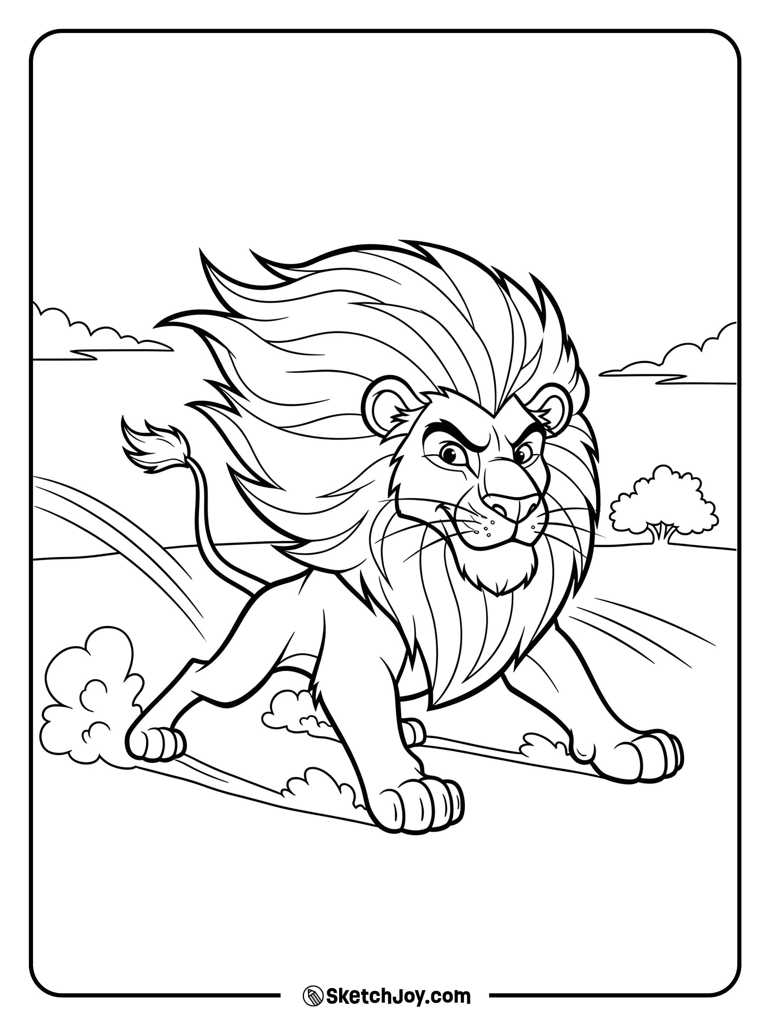 A determined lion stands against wind as a light dust swirl passes.
