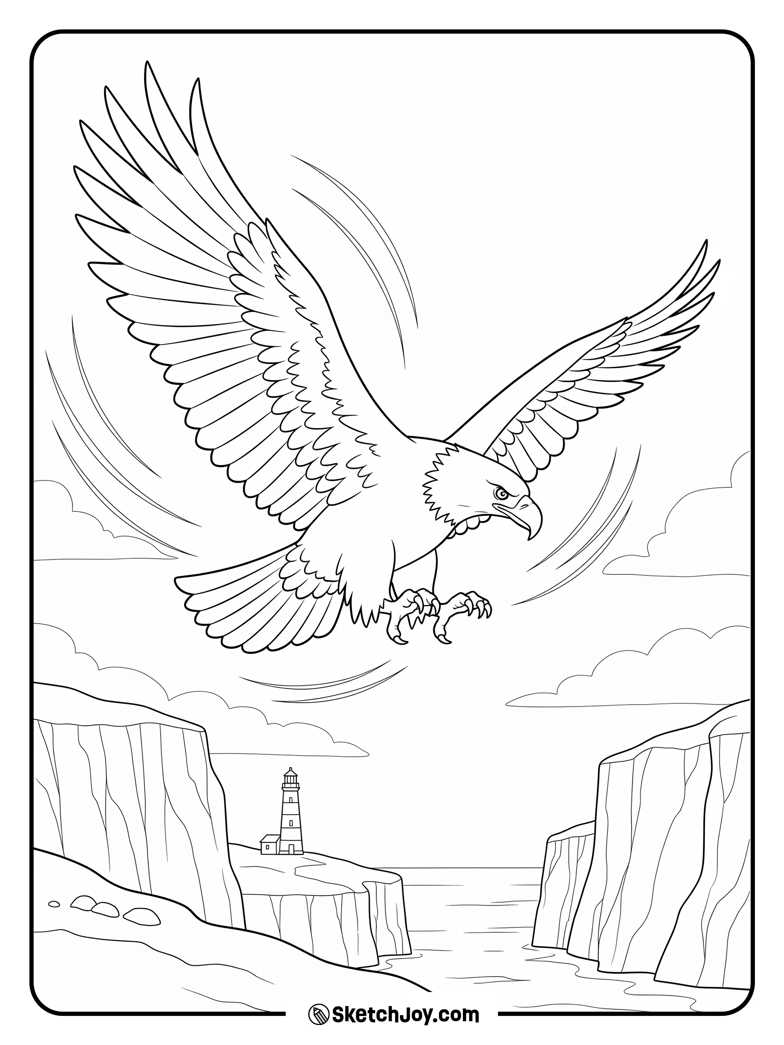 A strong eagle glides above tall rocks.