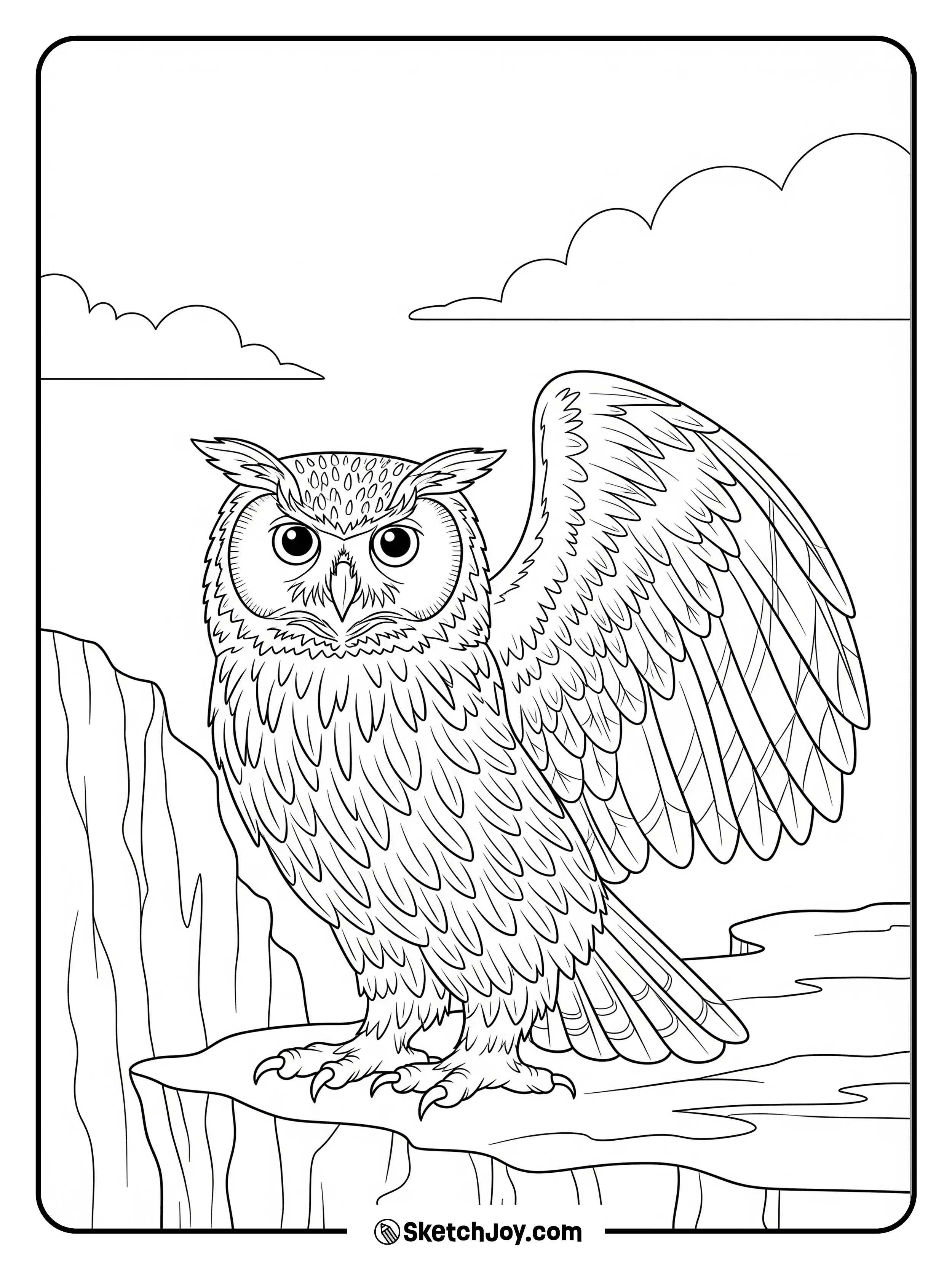 A strong owl spreads its wings on a rocky ledge with a clean sky.
