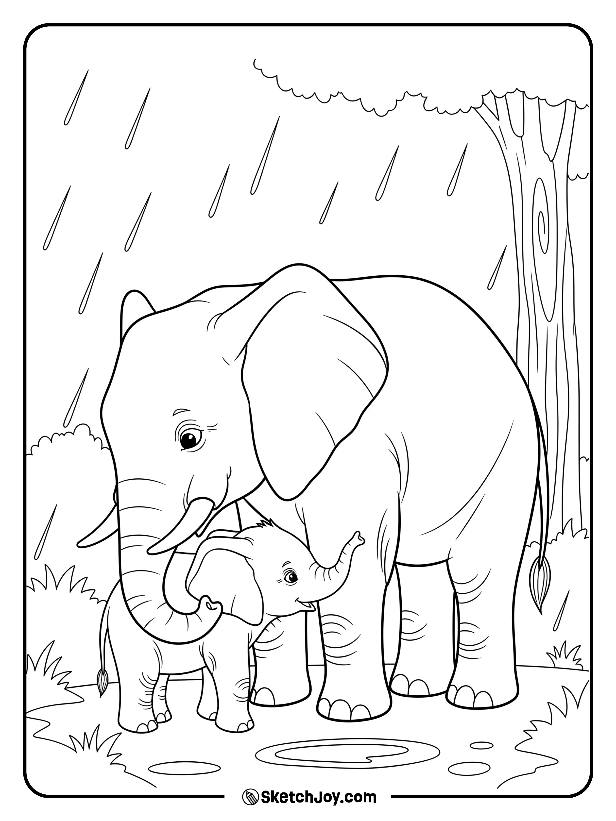 A mother tilts her ear over her calf during a light sprinkle.