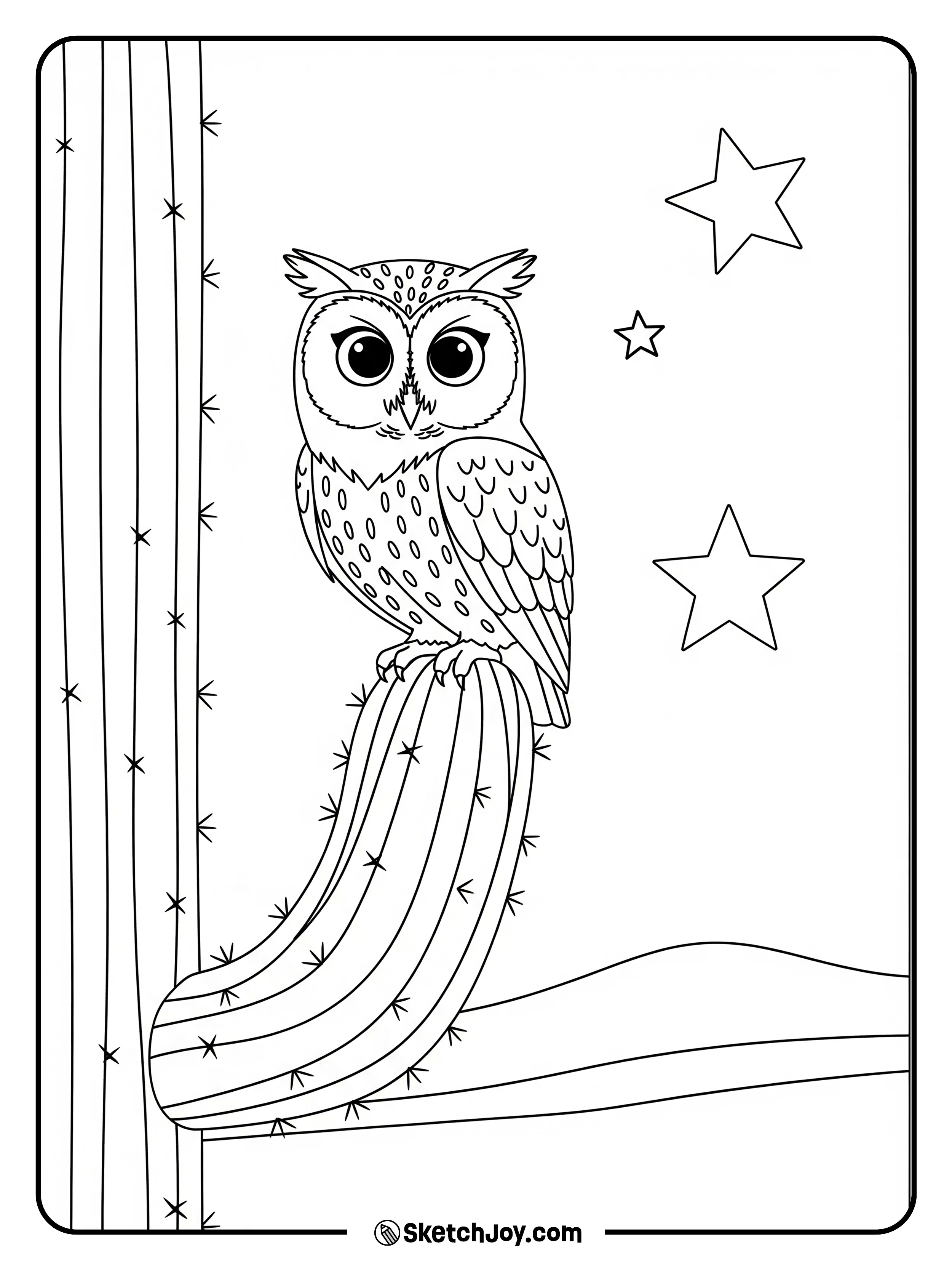 A tiny owl sits on a cactus arm under bright stars.
