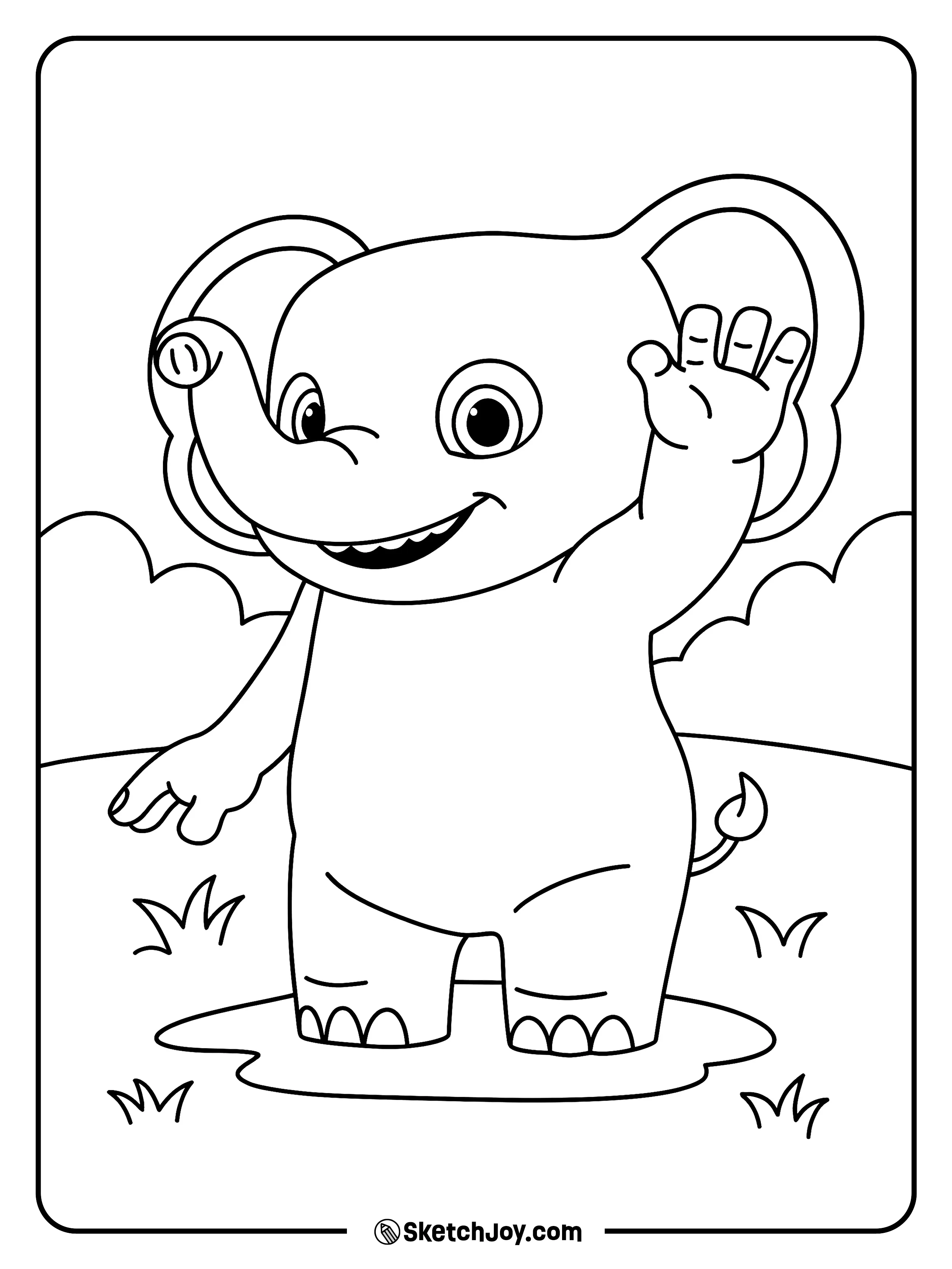 Ello splashes in a small puddle and waves hello with a big smile.