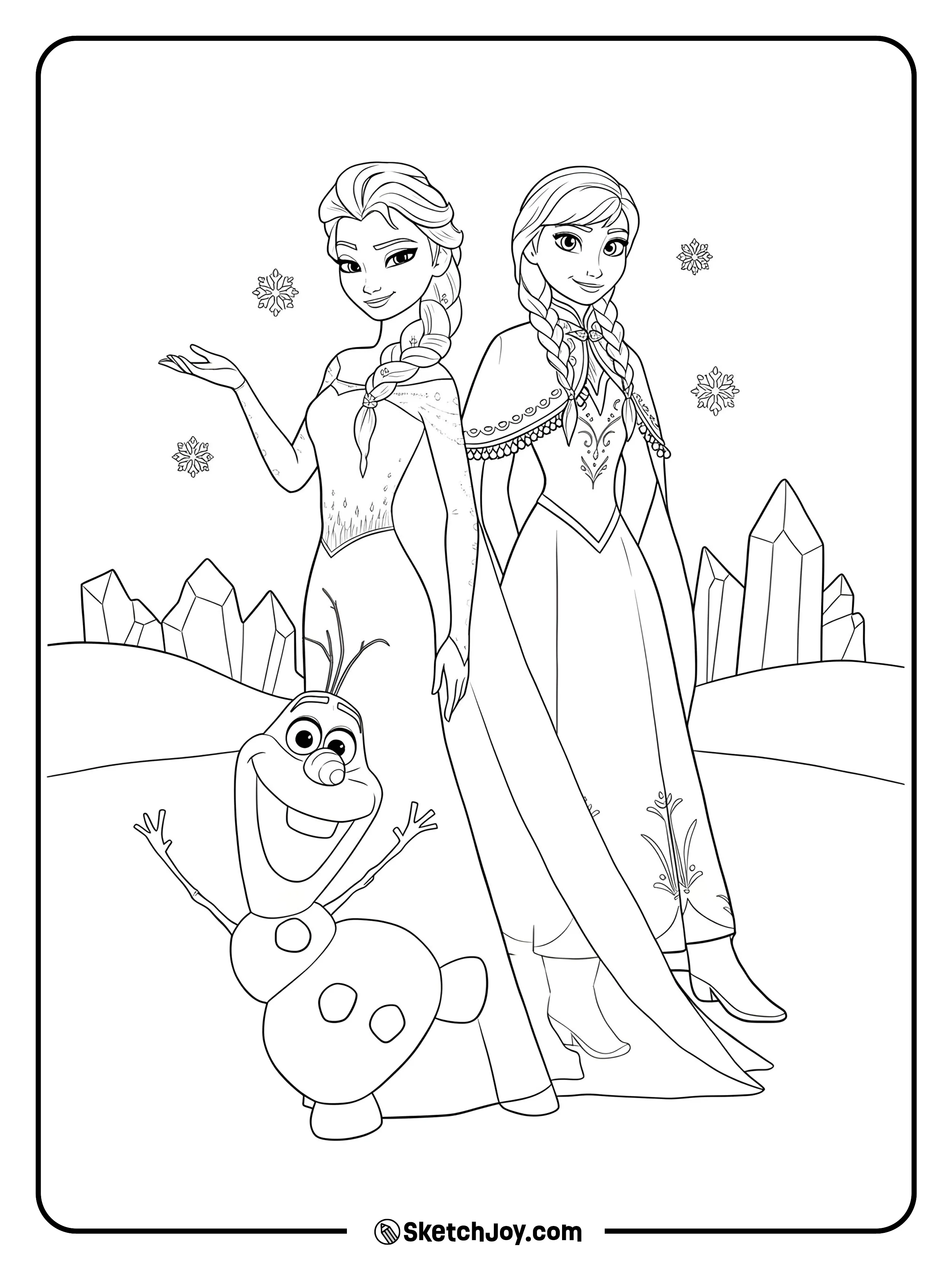 Elsa and Anna stand together while Olaf waves