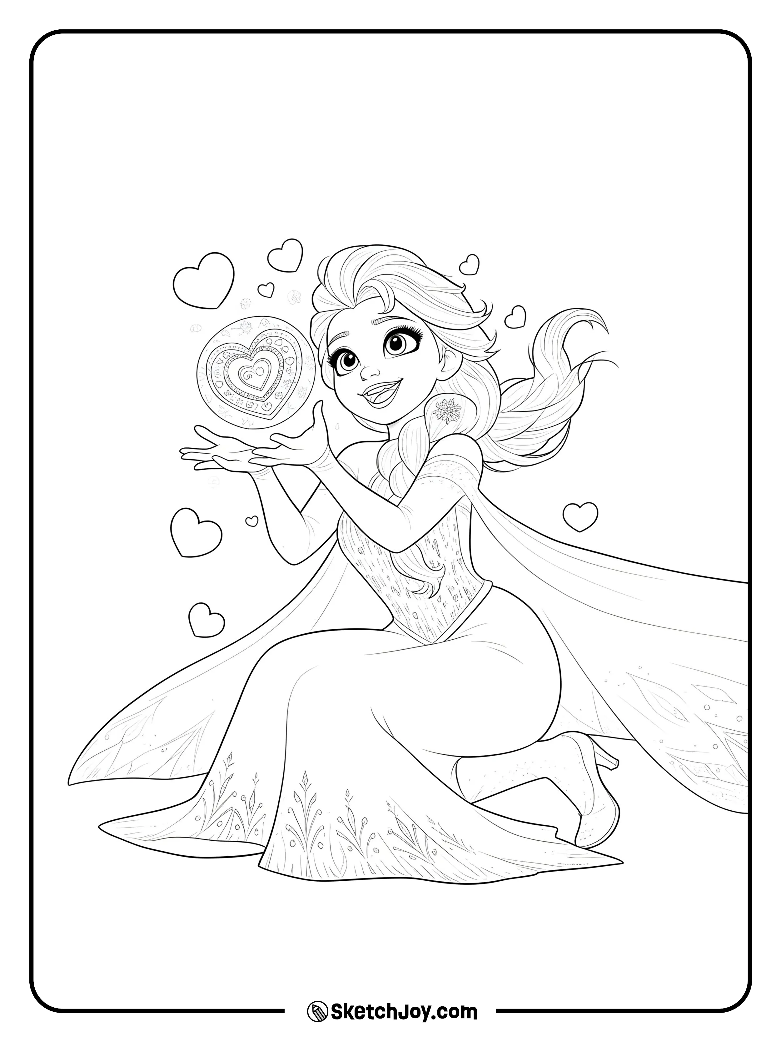 Elsa kneels with a bright smile, shaping a floating heart