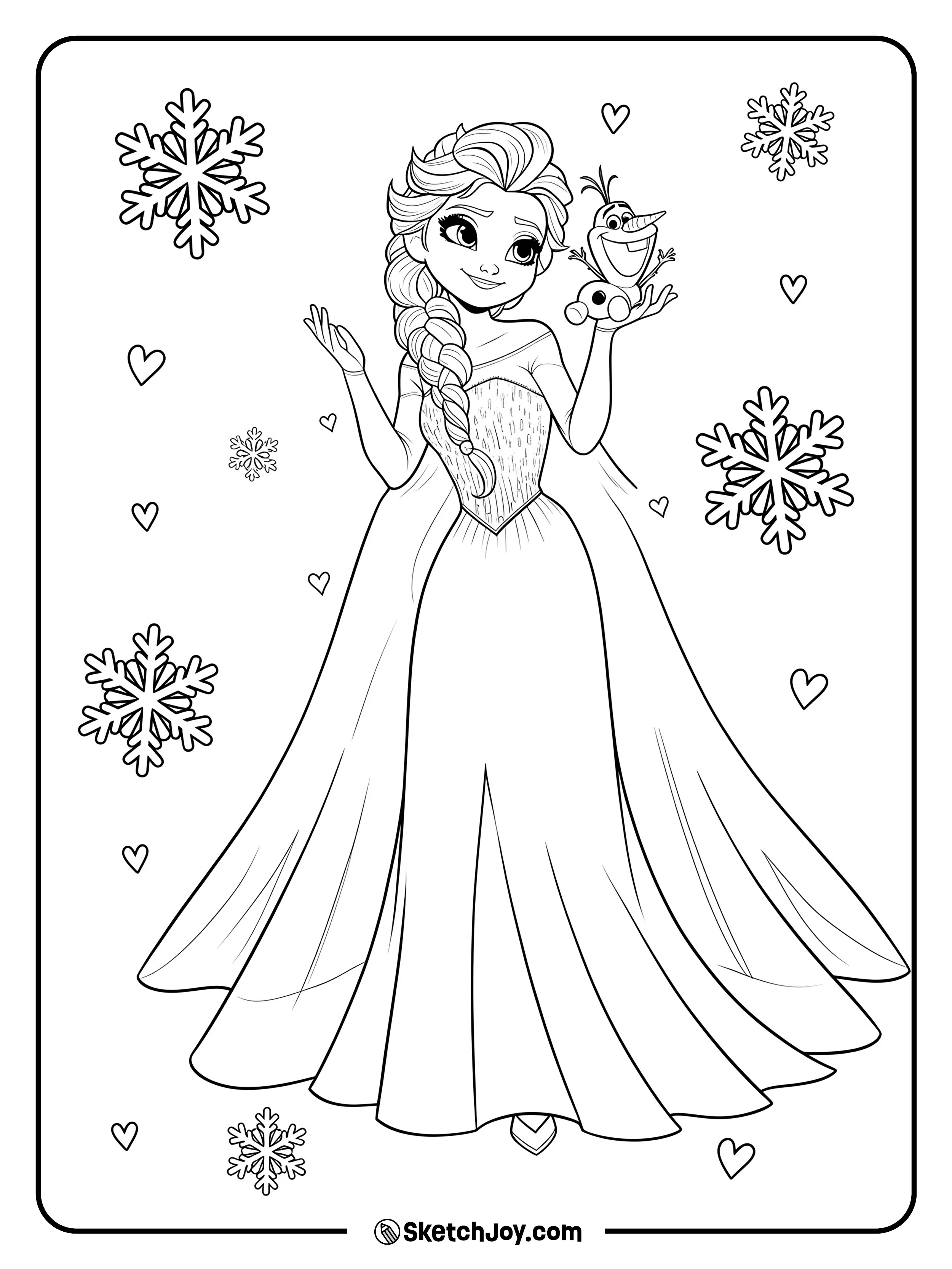 Elsa smiles in her flowing gown while tiny Olaf sits on her hand