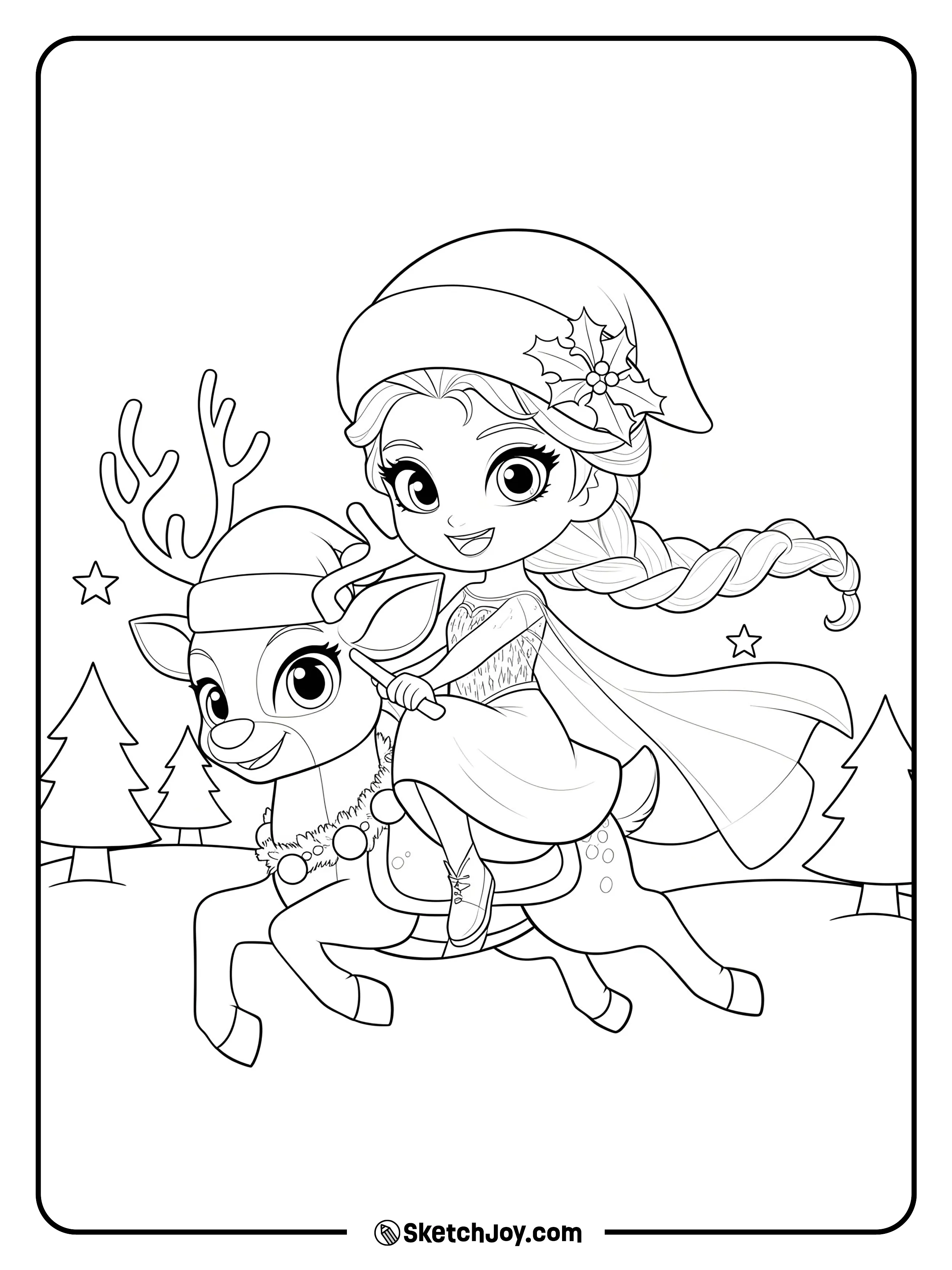 Elsa smiles in a cozy winter hat as she rides a friendly reindeer