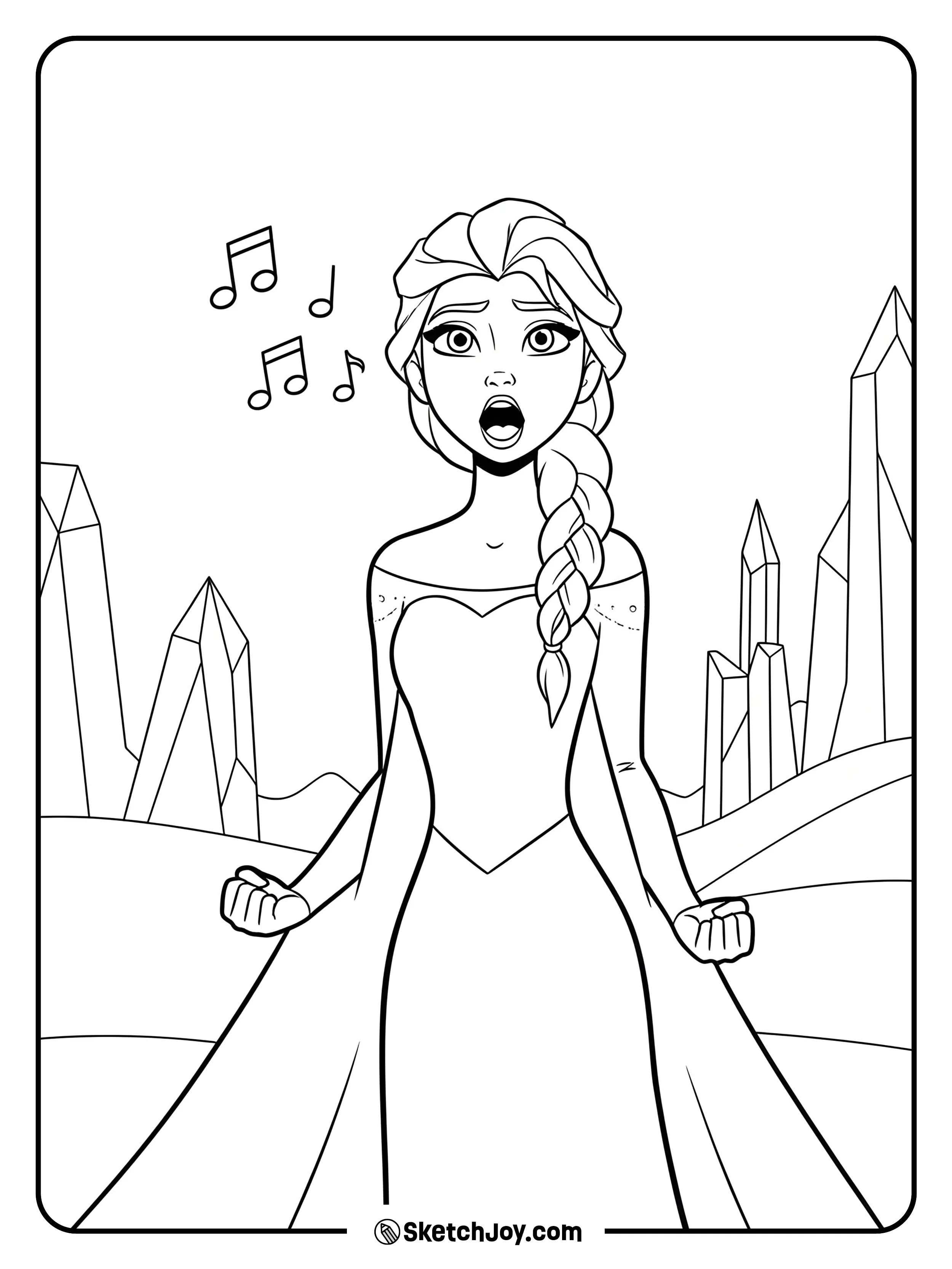 Elsa sings with a strong voice, braid over her shoulder and cape flowing