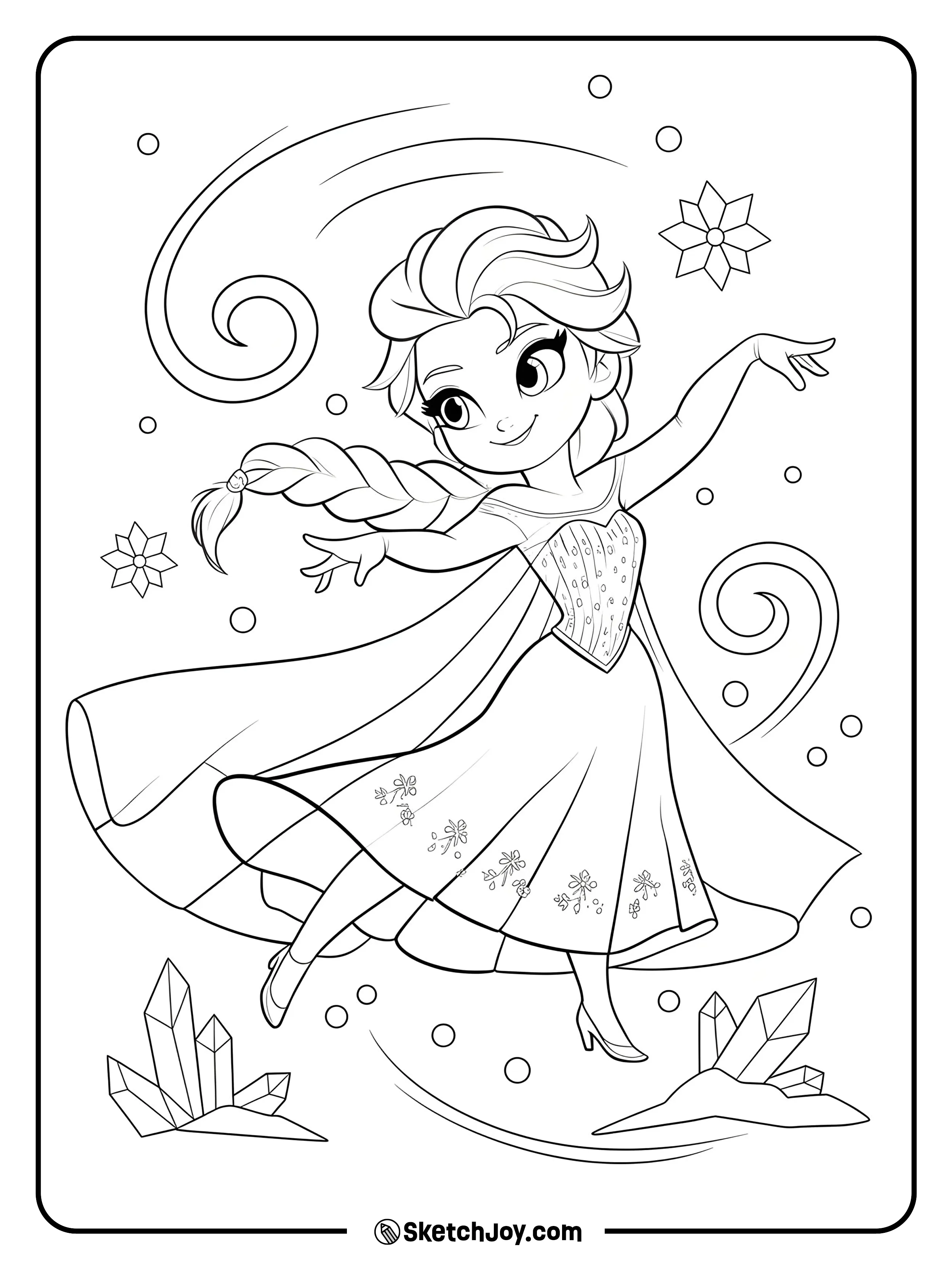 Elsa spins with a happy smile, her braid and cape flowing