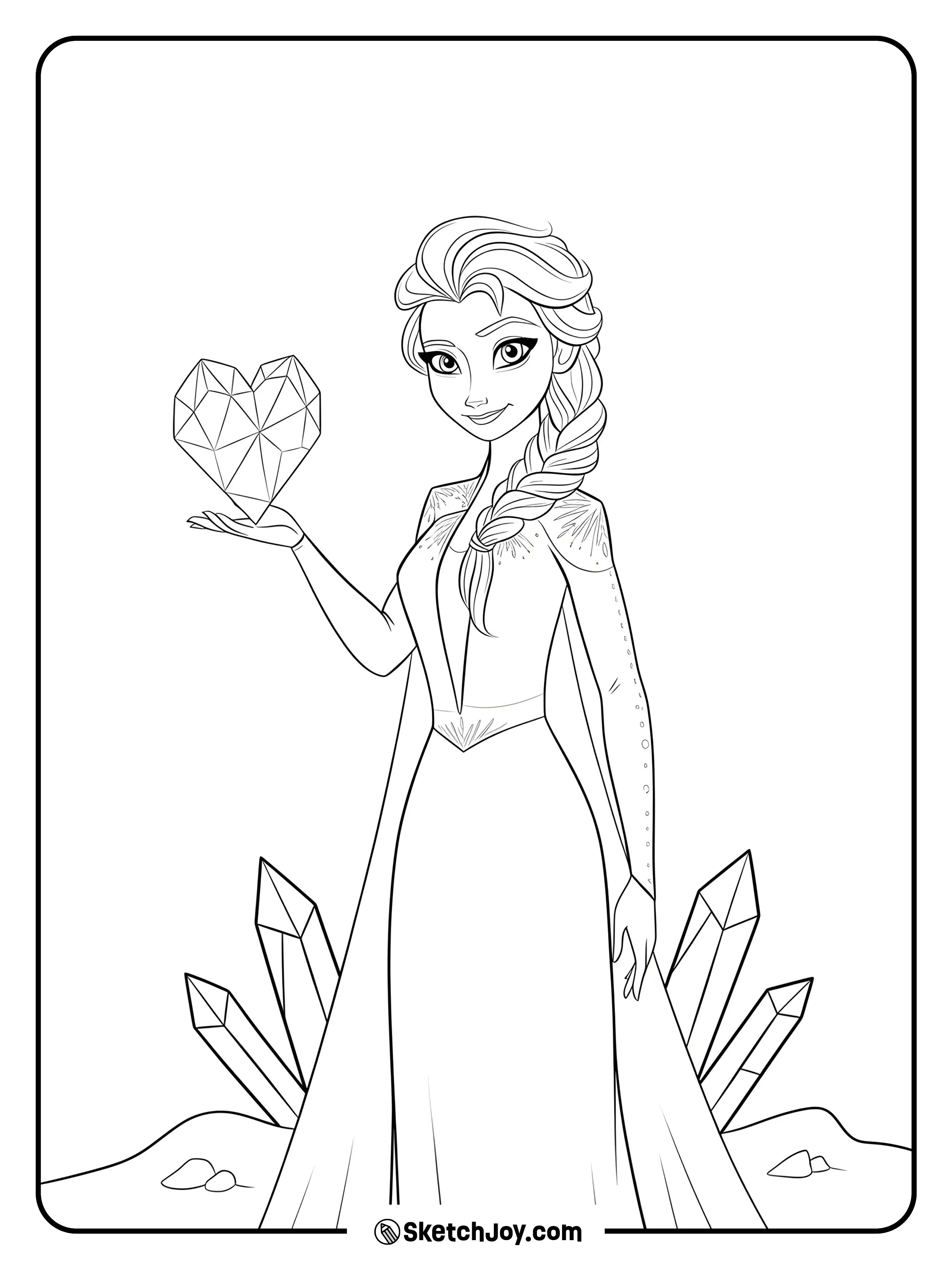 Elsa smiles softly, braid over her shoulder, holding a faceted ice heart