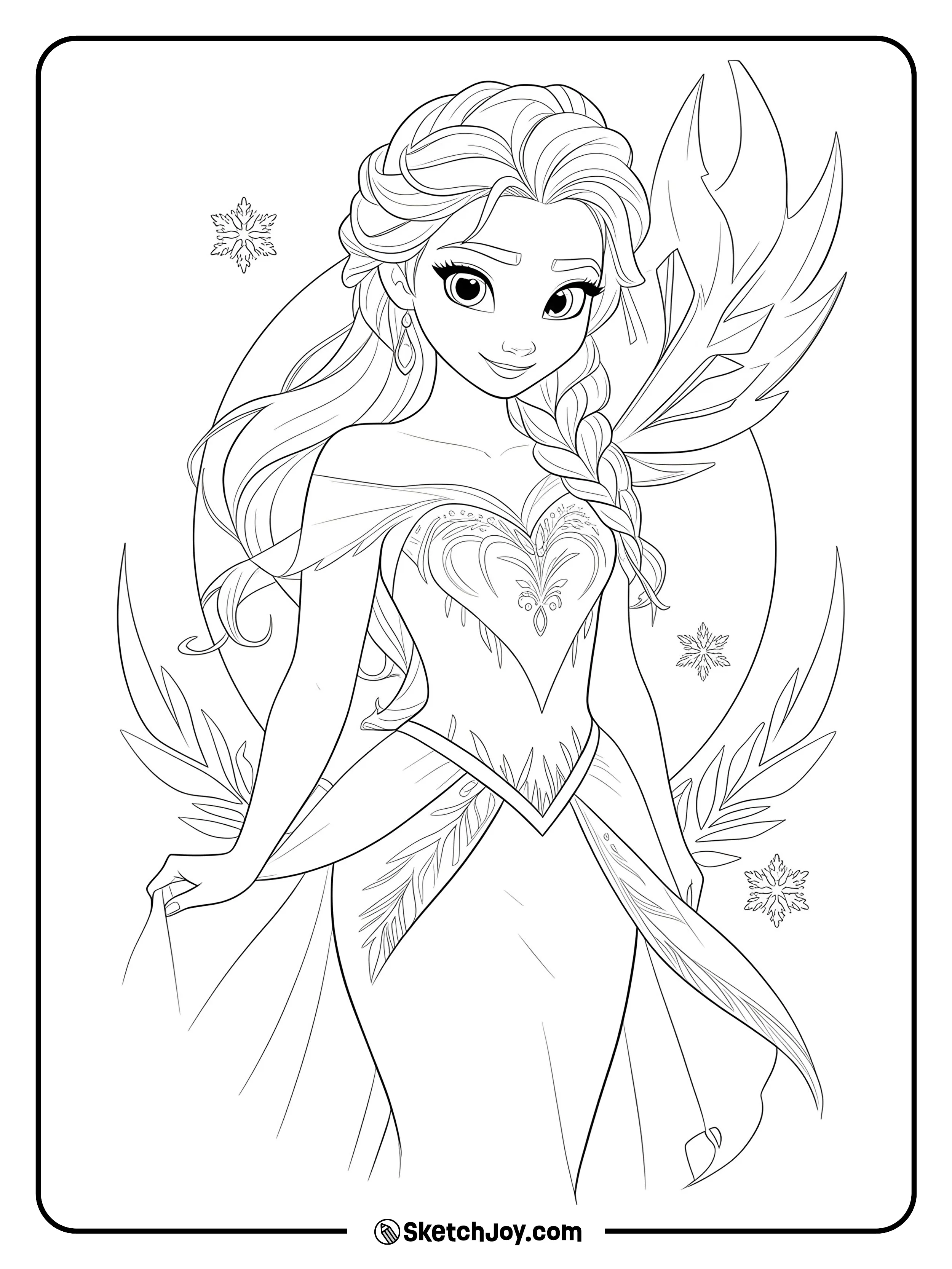 Elsa stands gracefully in her ice queen dress
