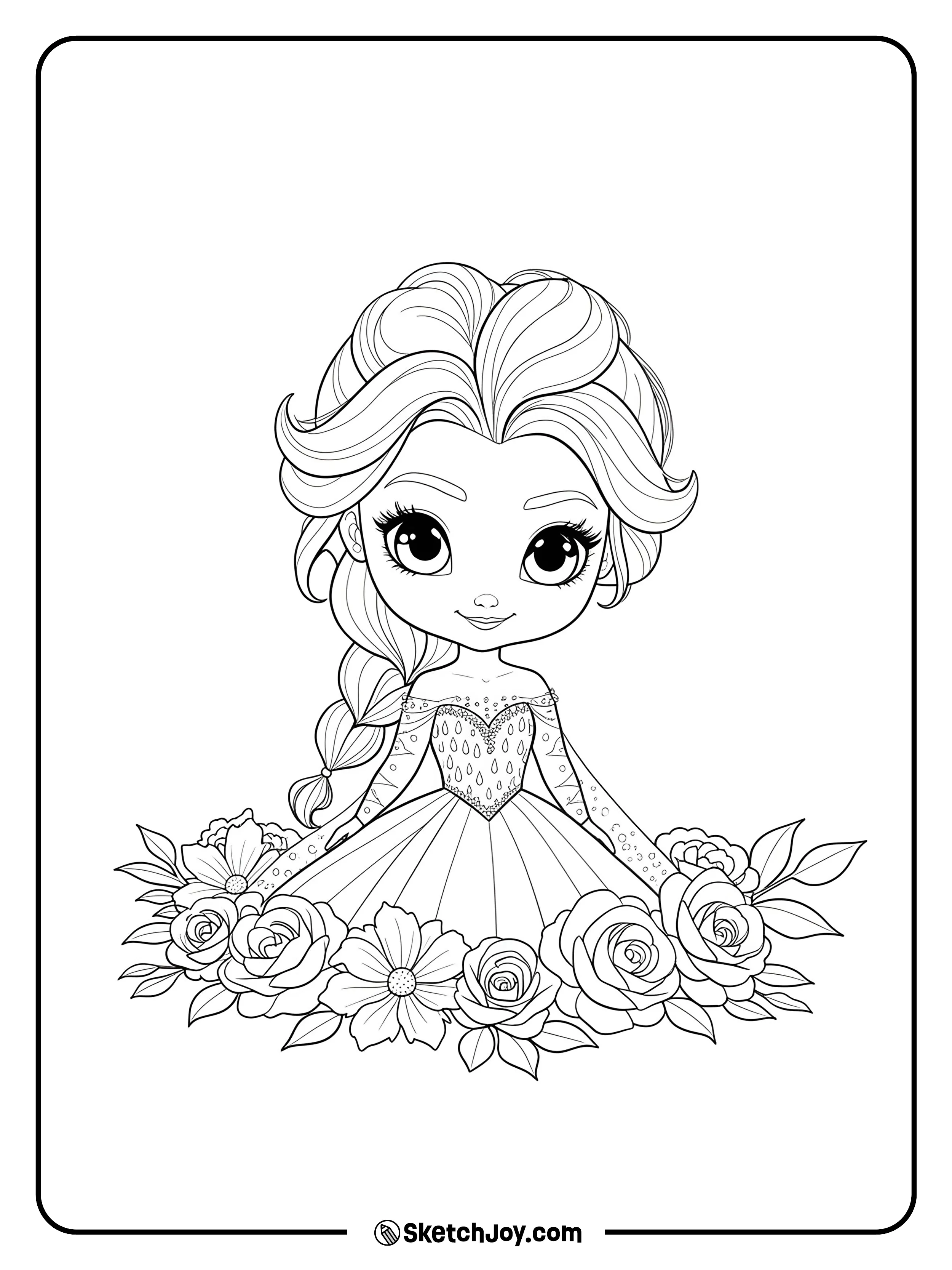 Chibi Elsa sits with her dress fanned out and braid over her shoulder